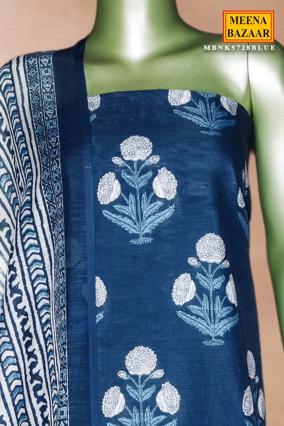 Blue Printed Cotton Unstitched Suit Set with Dupatta for Women - Image 5