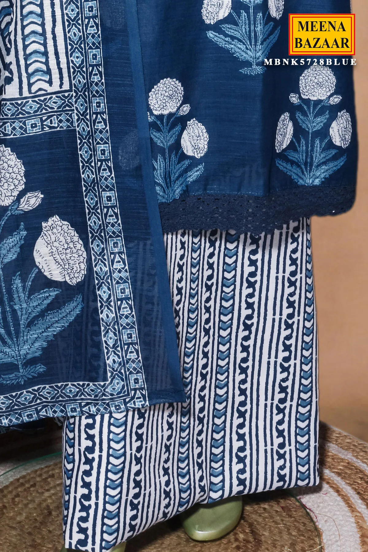 Blue Printed Cotton Unstitched Suit Set with Dupatta for Women - Image 6