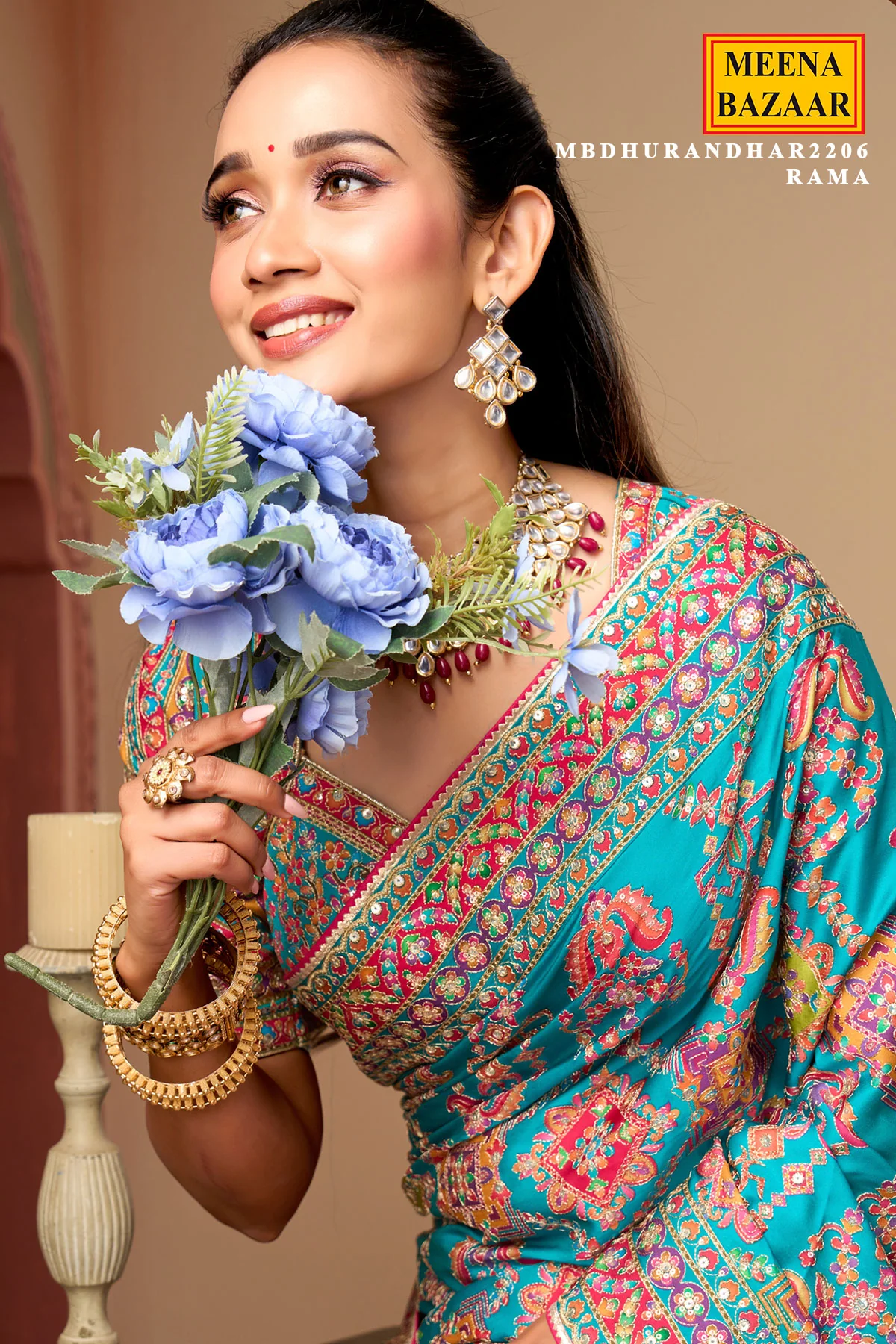 Aqua blue printed satin silk wedding wear saree - Image 2