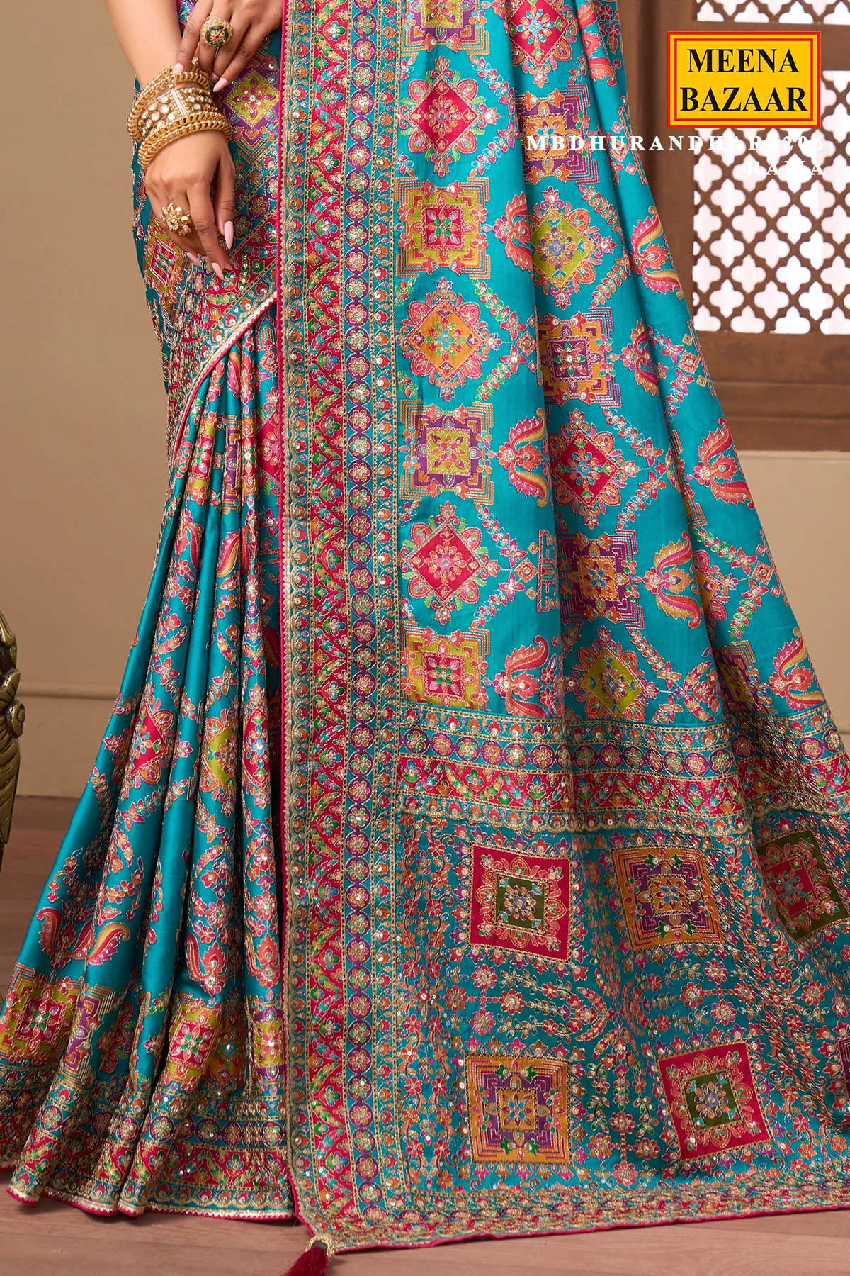 Aqua blue printed satin silk wedding wear saree - Image 3