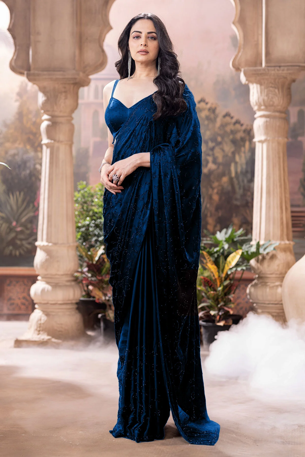 Blue Satin Embroidered Saree Elegant Party & Festive Wear