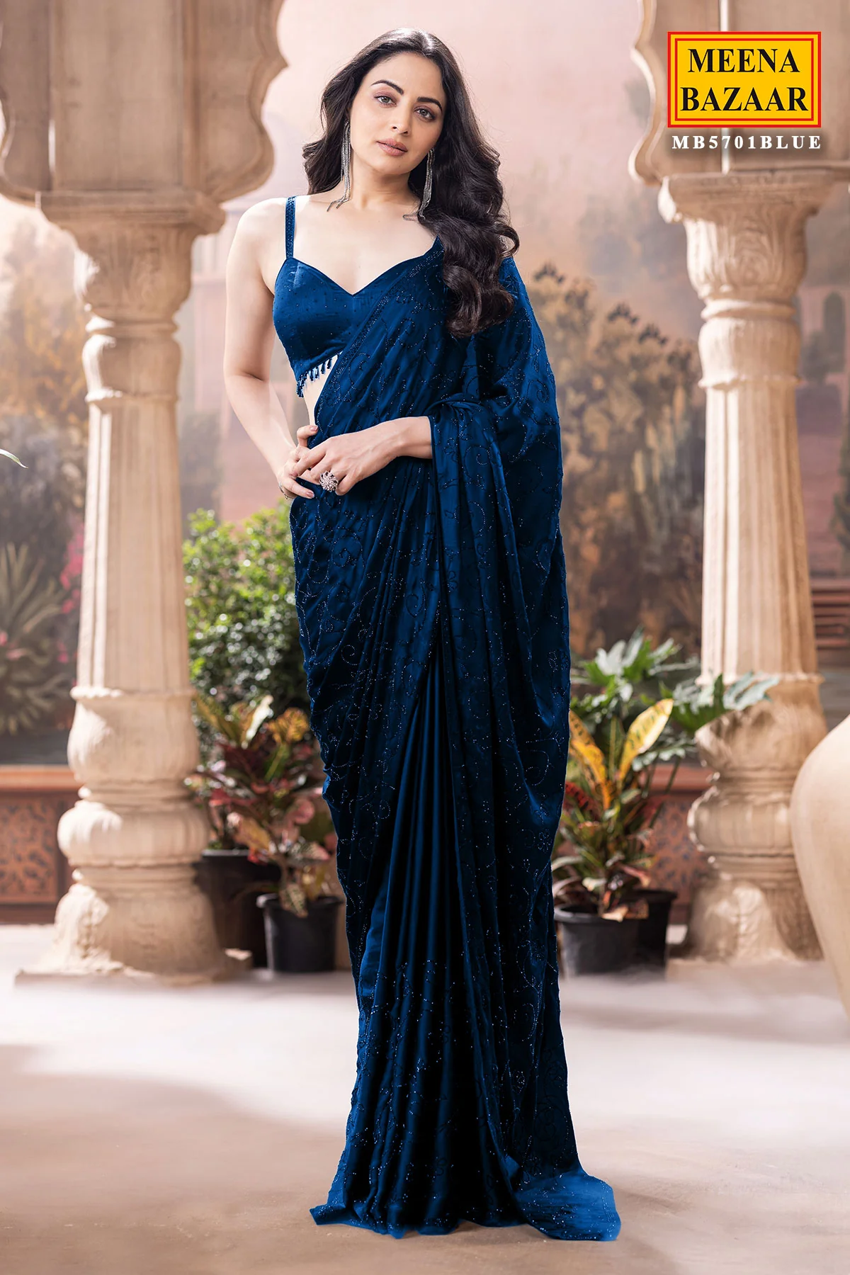 Blue Satin Embroidered Saree Elegant Party & Festive Wear - Image 4