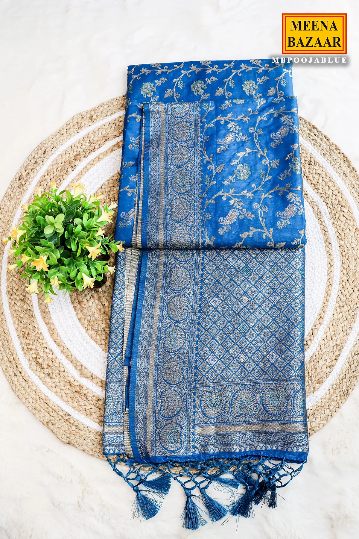 Blue Silk Blend Zari Woven Saree - Image 6