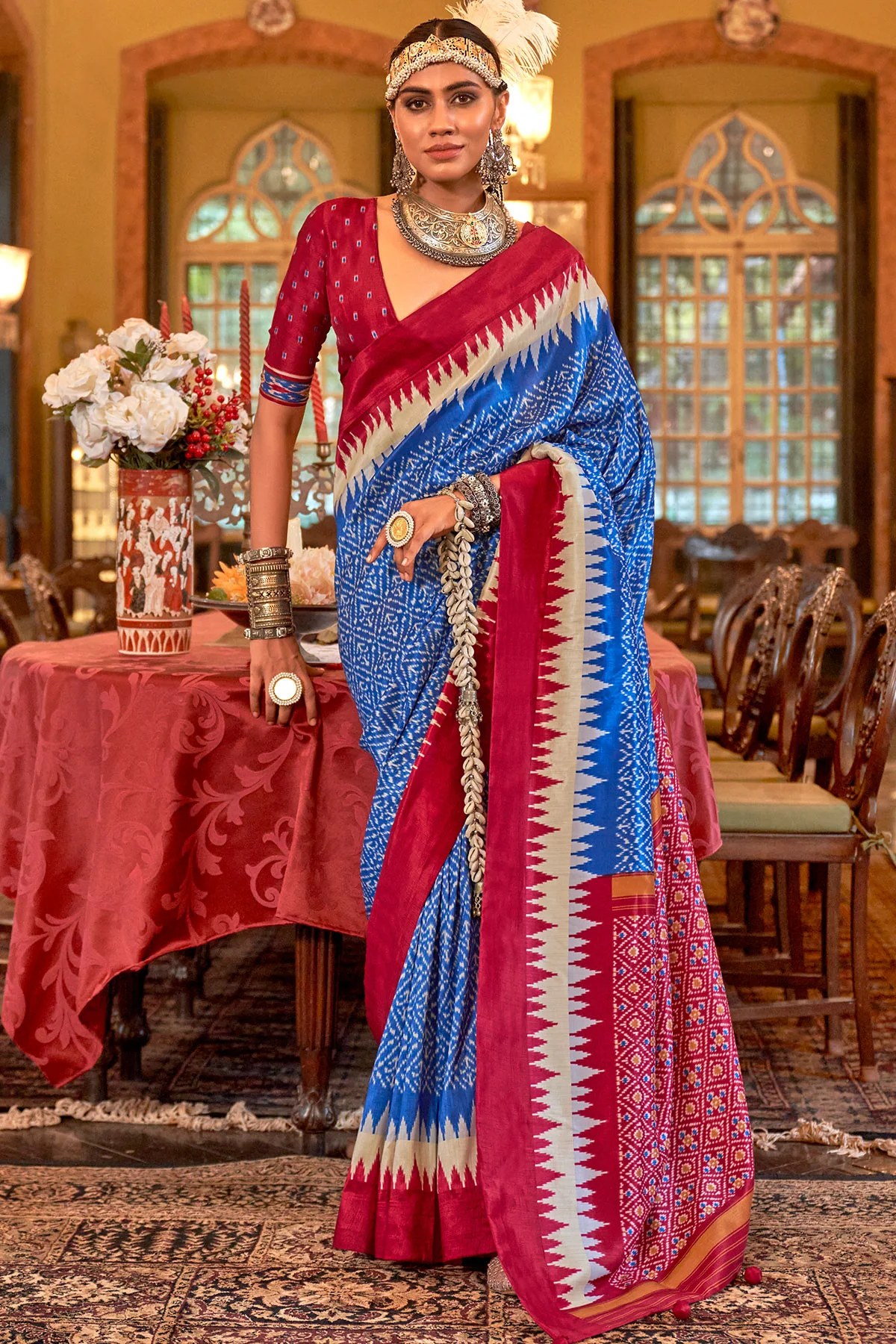 Blue Silk Saree with Red Border – PankhPatola Printed Designer Saree