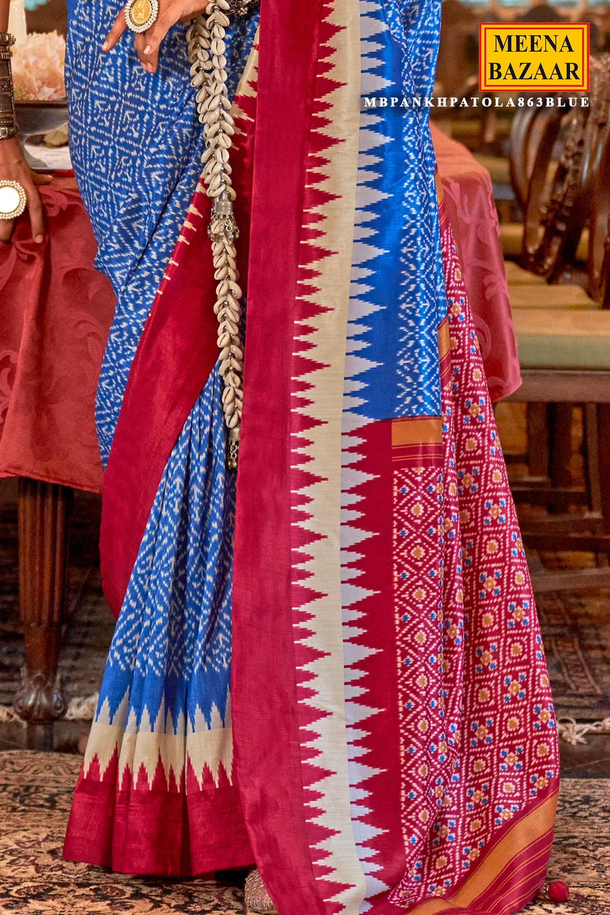 Blue Silk Saree with Red Border – PankhPatola Printed Designer Saree - Image 3