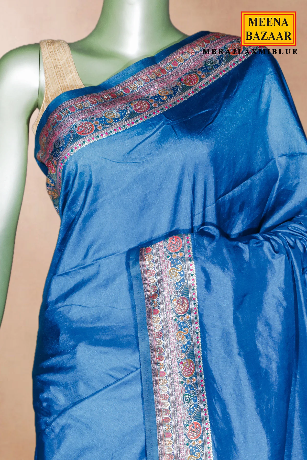 Blue Silk Saree with Traditional Weaving - Image 3