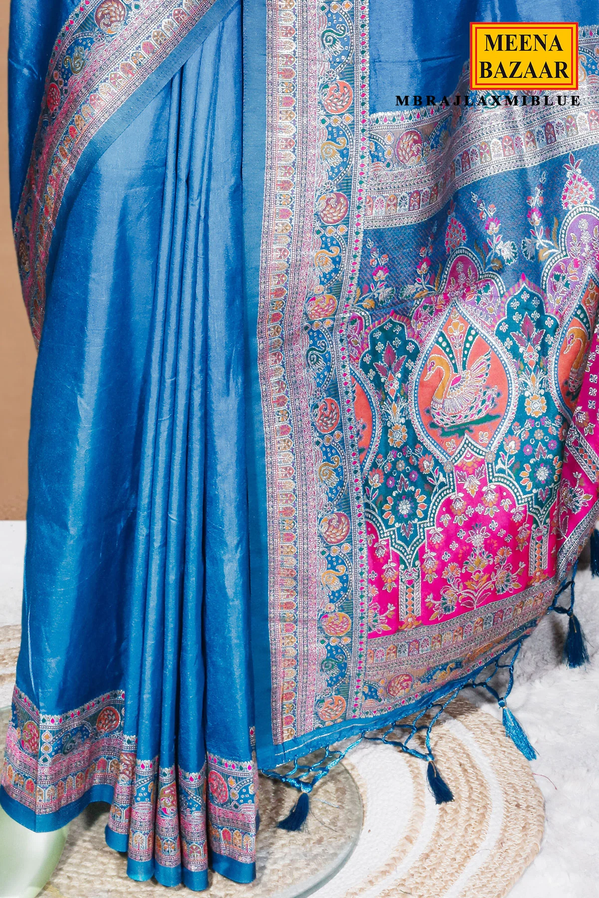 Blue Silk Saree with Traditional Weaving - Image 4