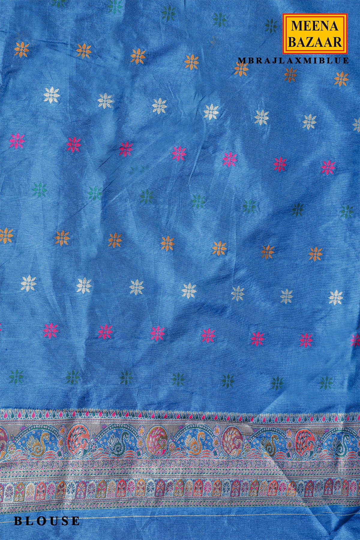 Blue Silk Saree with Traditional Weaving - Image 5