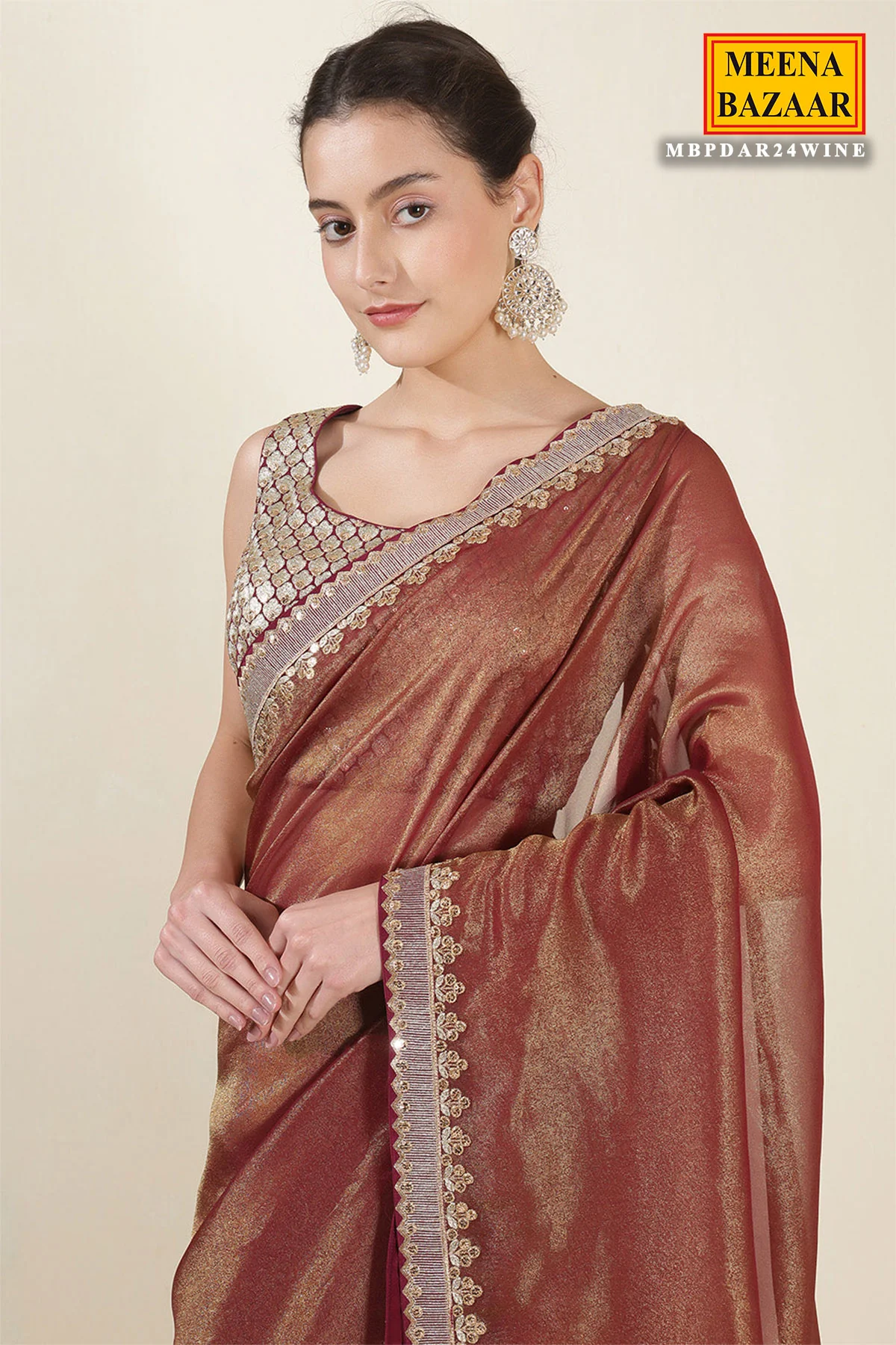 Blush Wine & Gold Shimmer Tissue Embroidered Saree with Readymade Blouse - Image 2
