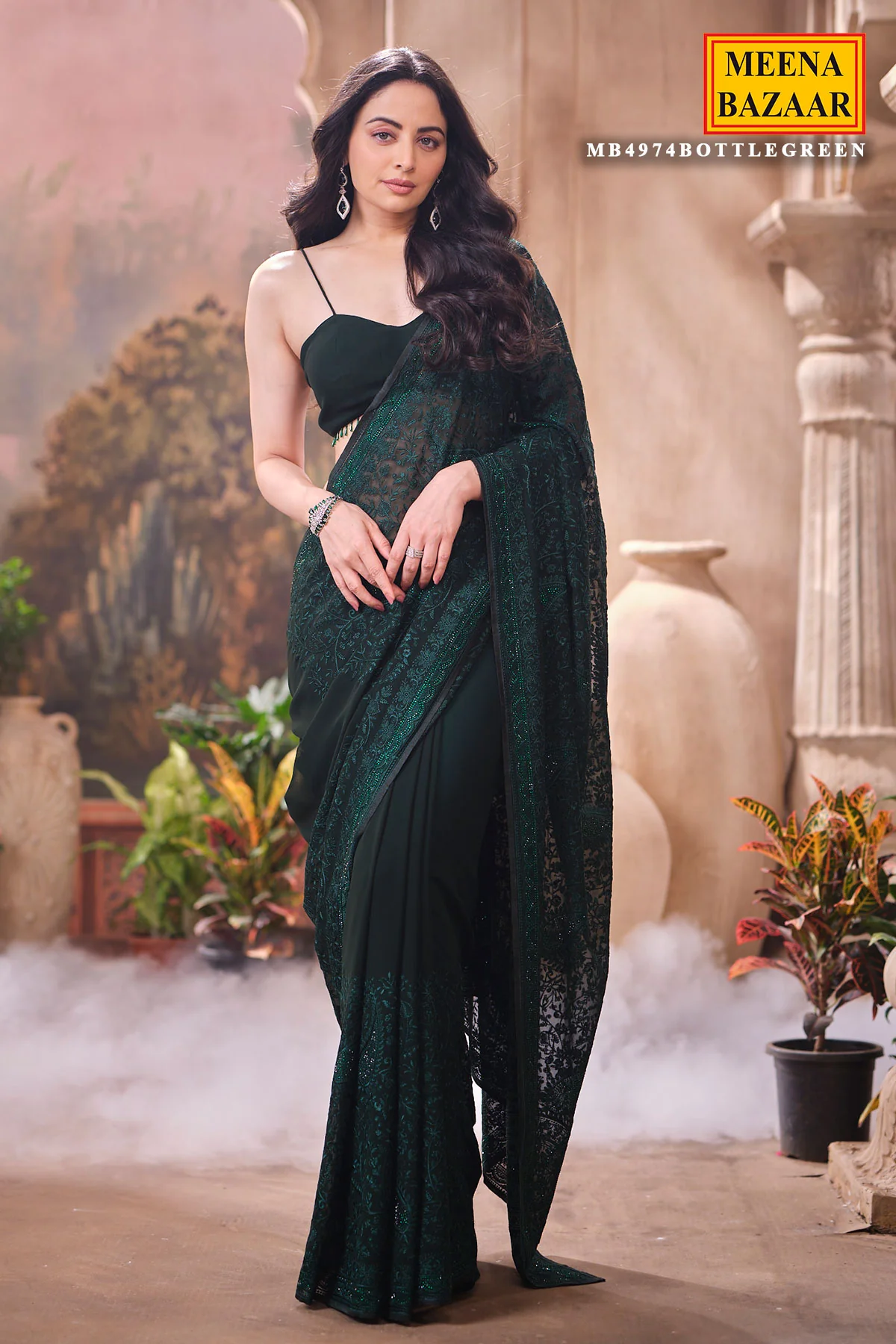 Bottle Green Embroidered Georgette Saree Designer Party Wear Saree - Image 4