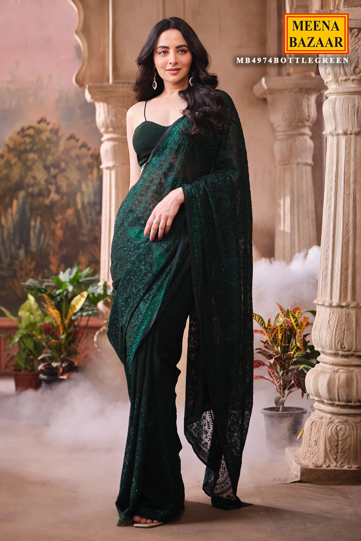 Bottle Green Embroidered Georgette Saree Designer Party Wear Saree - Image 5