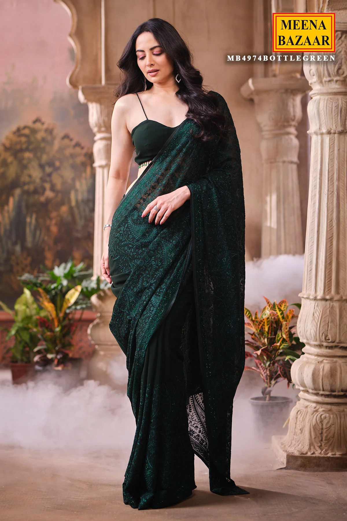 Bottle Green Embroidered Georgette Saree Designer Party Wear Saree - Image 6