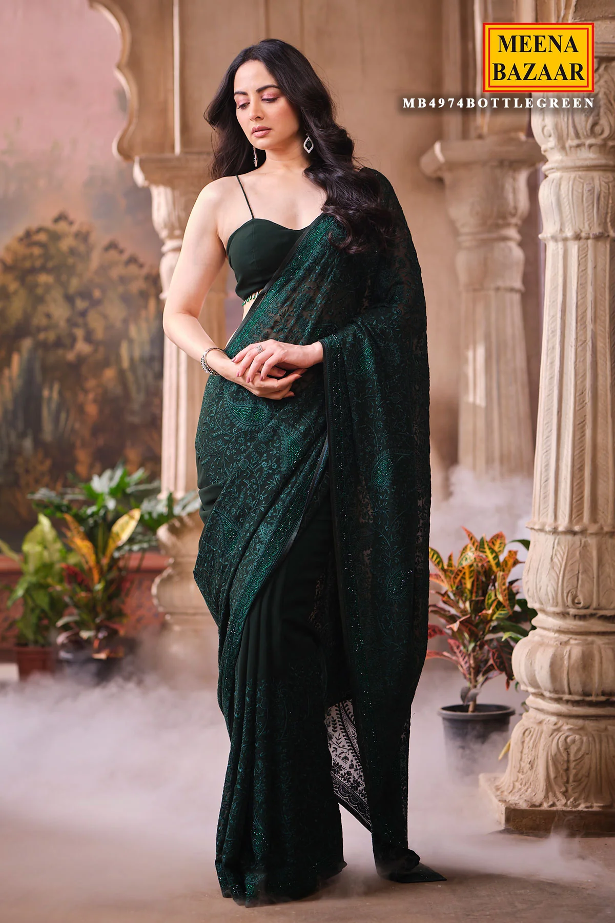 Bottle Green Embroidered Georgette Saree Designer Party Wear Saree - Image 8