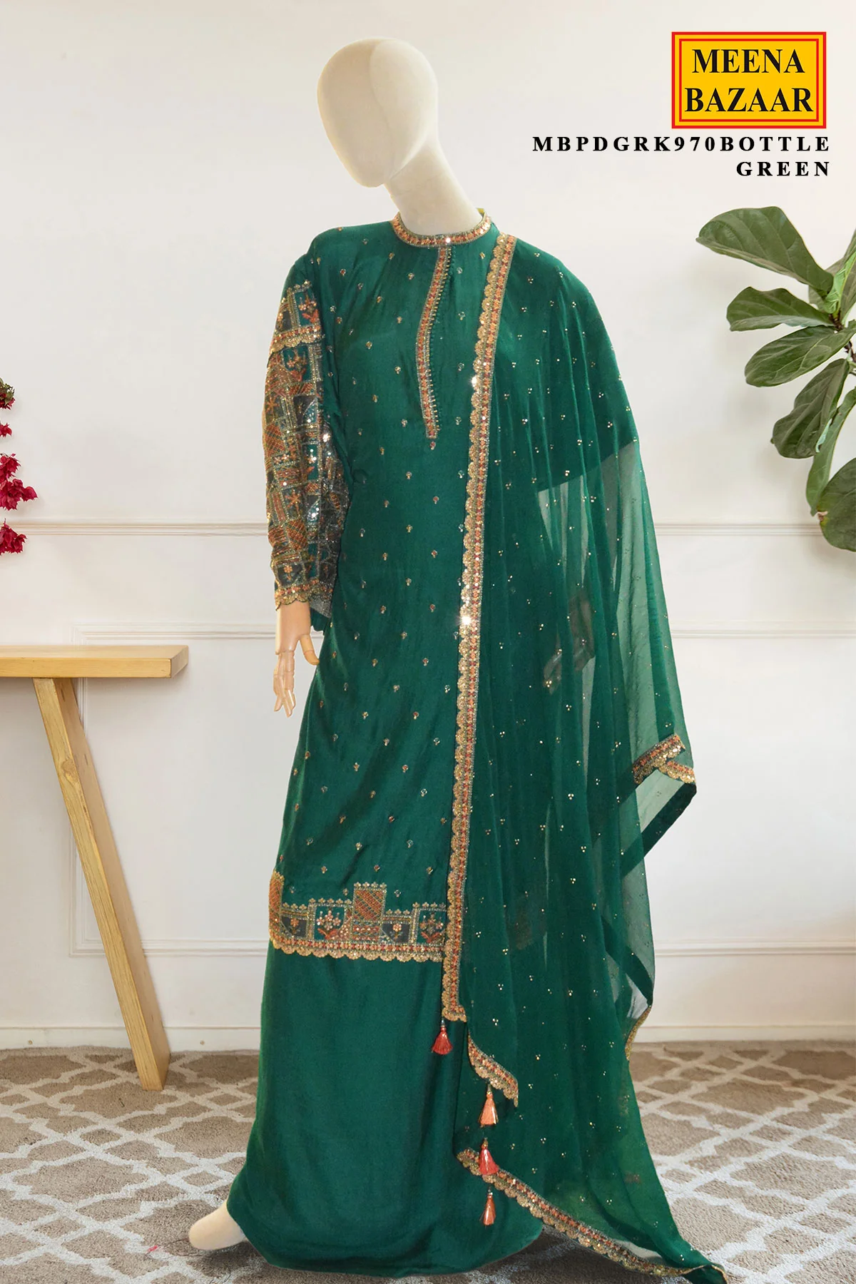 Bottle Green Embroidered Silk Kurta Set - Image 2