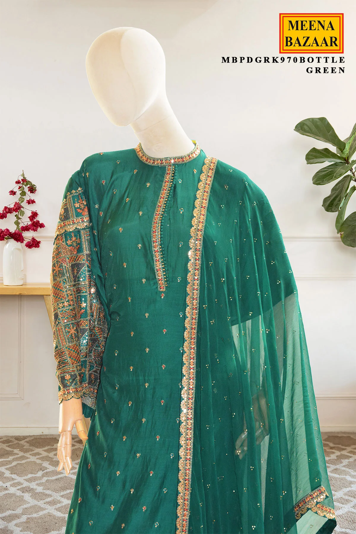 Bottle Green Embroidered Silk Kurta Set - Image 3