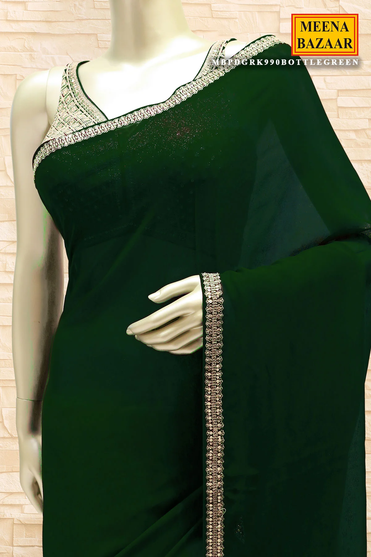 Bottle Green Georgette Sequin Embroidered Saree - Image 2