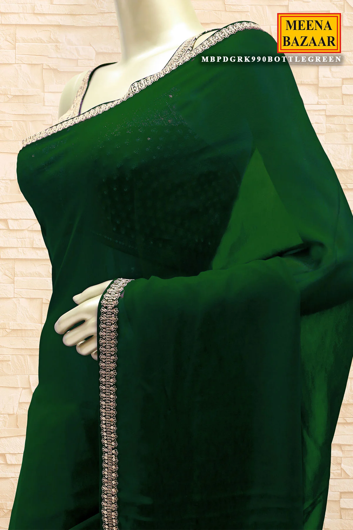 Bottle Green Georgette Sequin Embroidered Saree - Image 3