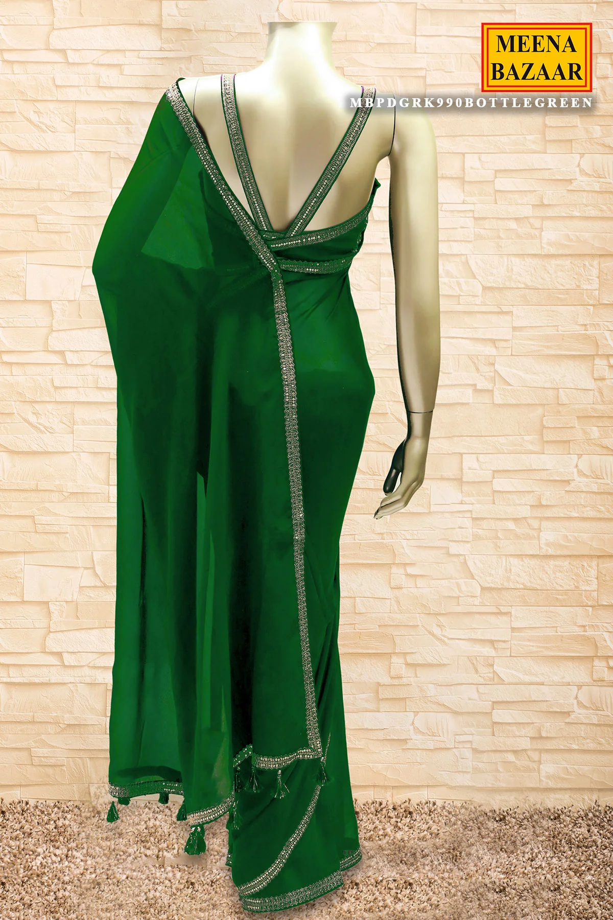 Bottle Green Georgette Sequin Embroidered Saree - Image 4