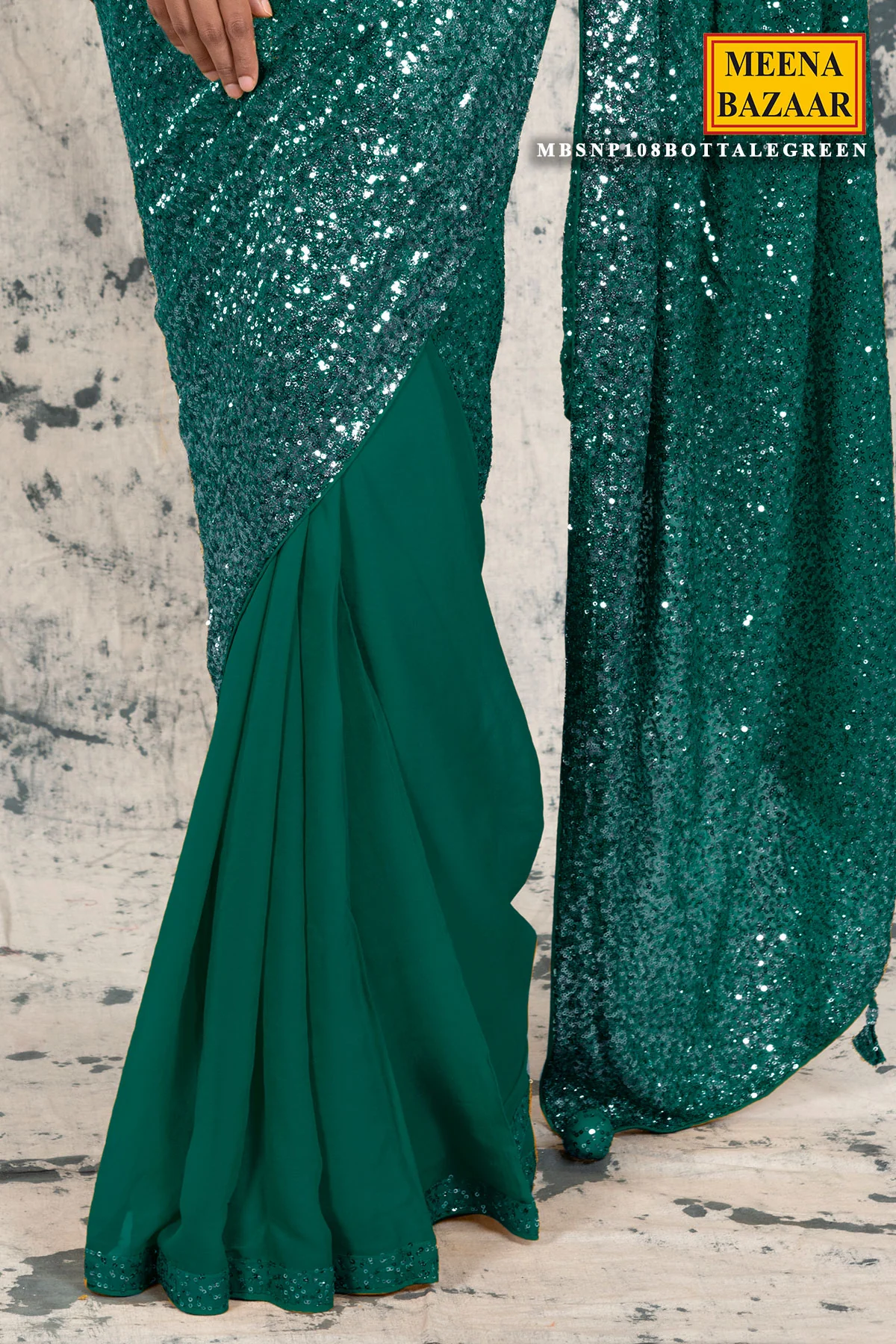 Bottle Green Georgette Sequins Embroidered Saree - Image 3