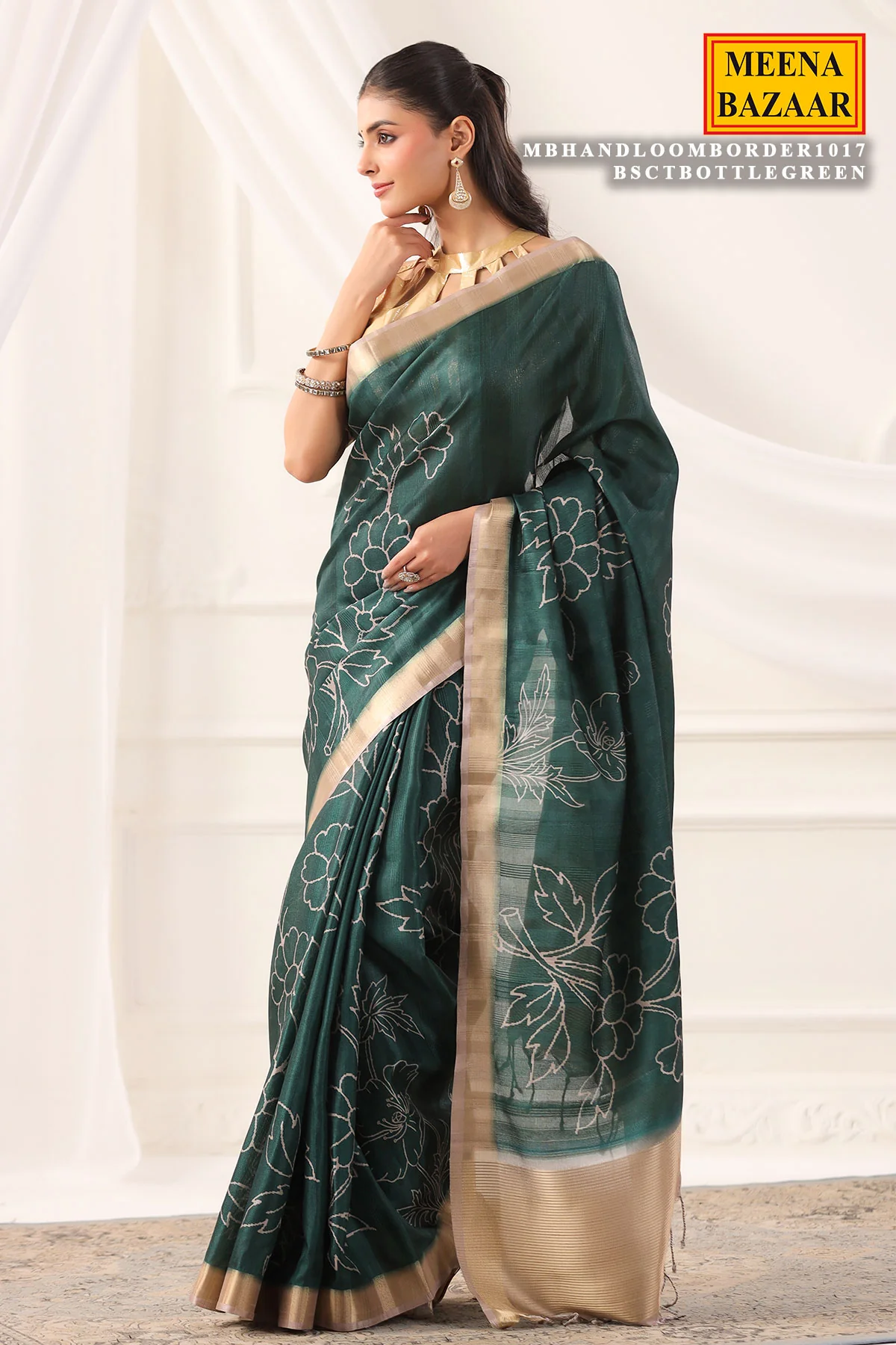 Bottle Green Cotton Weaving Saree Elegant Handloom Wear - Image 3