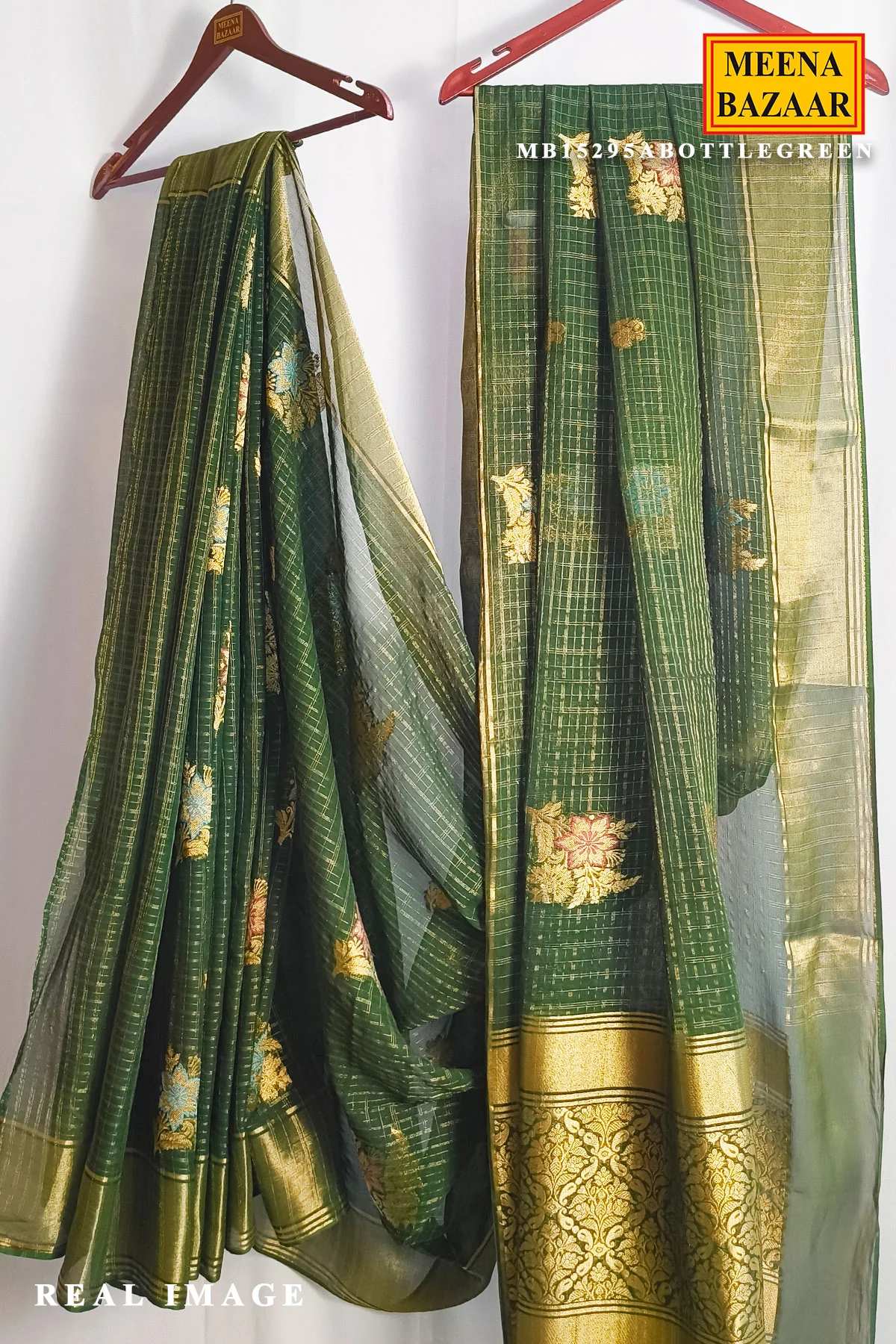 Bottle Green Khaddi Saree with Elegant Zari Border - Image 2