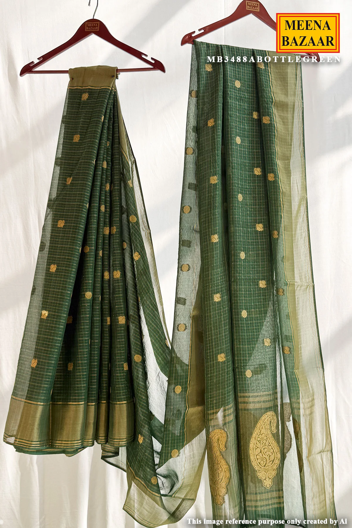 Bottle Green Organza Saree with Elegant Weaving Design - Image 2