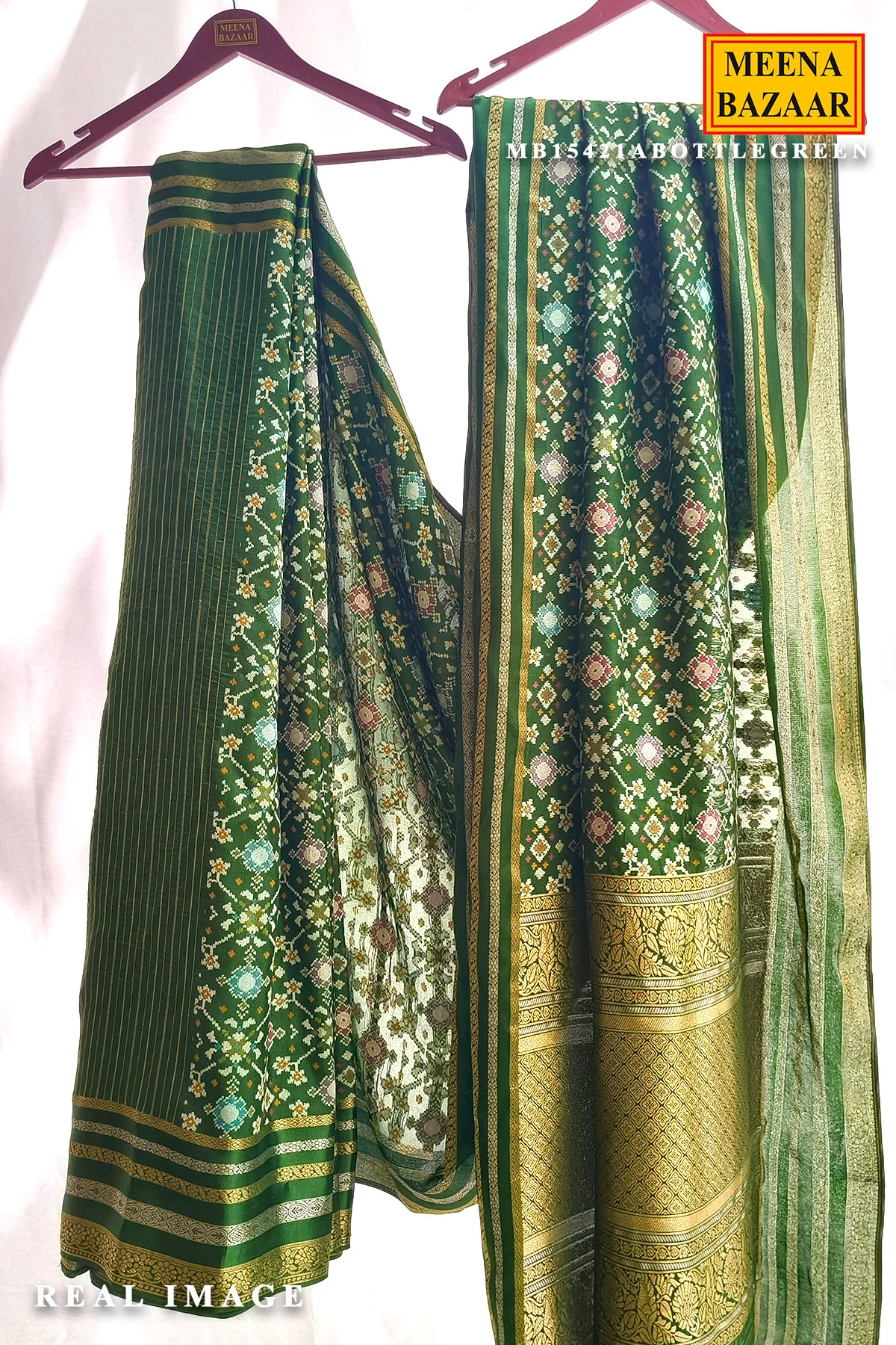 Bottle Green Patola Silk Saree with Intricate Weave & Zari Border - Image 2