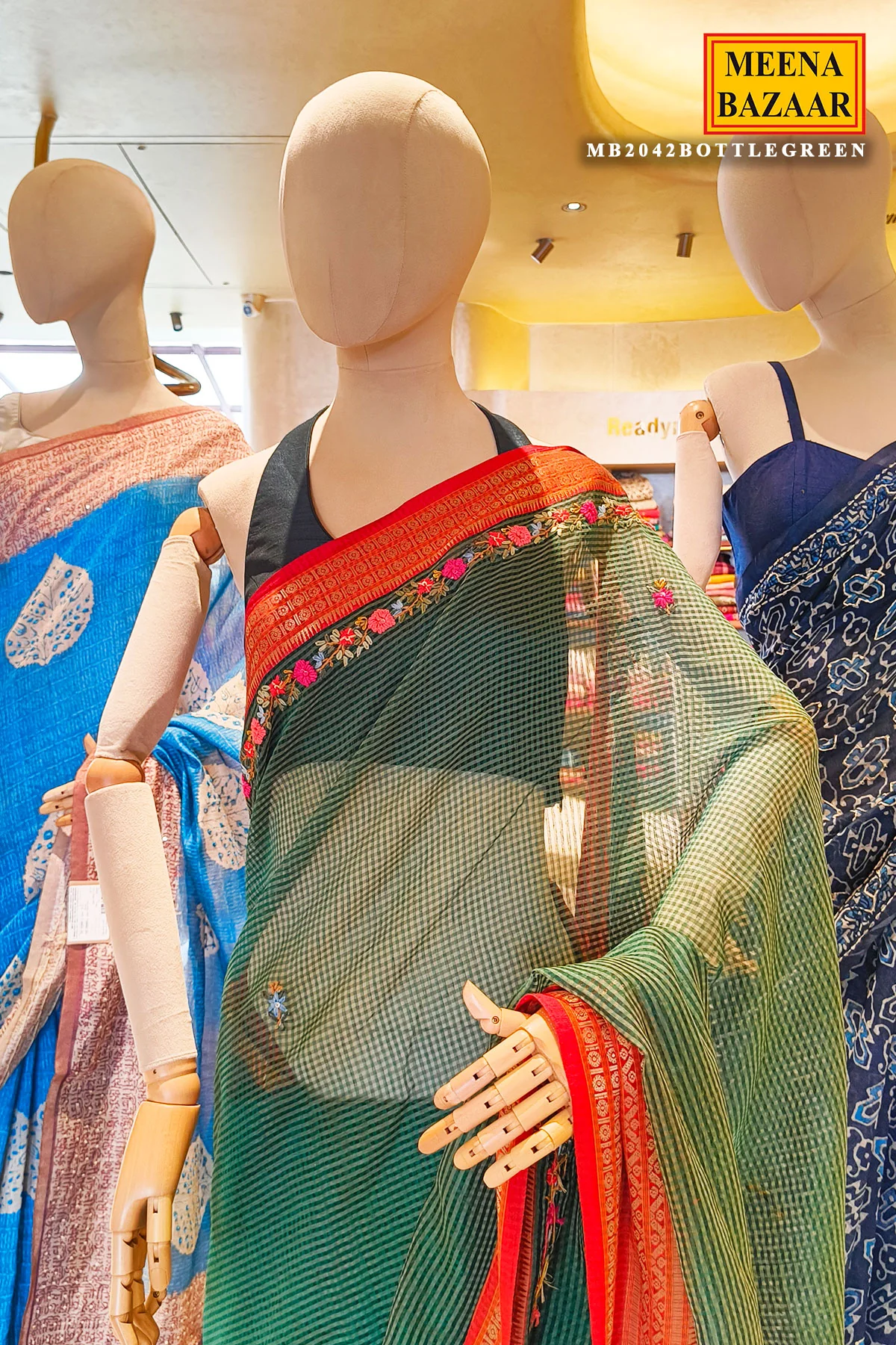 Bottle Green Saree with Floral Embroidered Border - Image 3