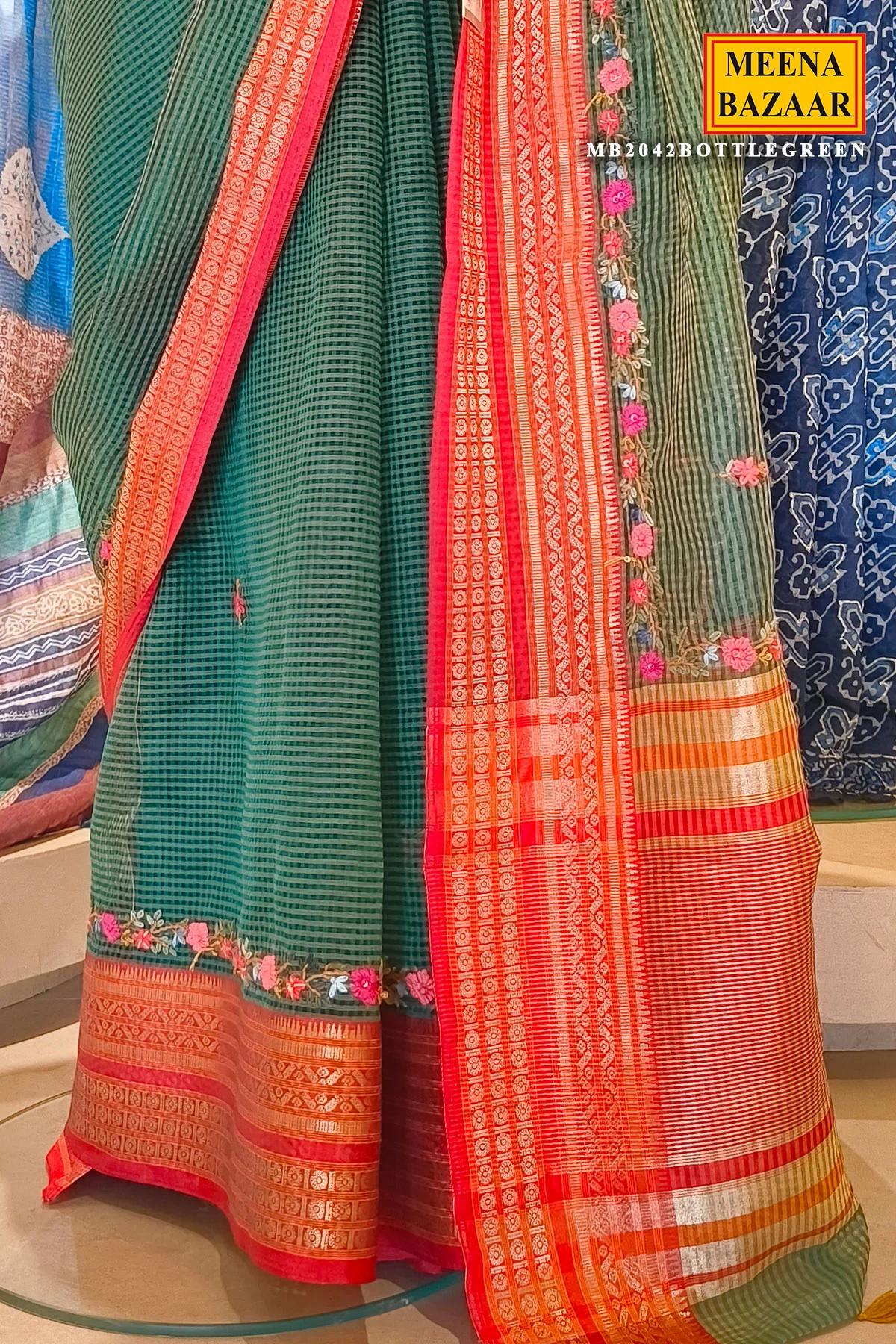 Bottle Green Saree with Floral Embroidered Border - Image 4