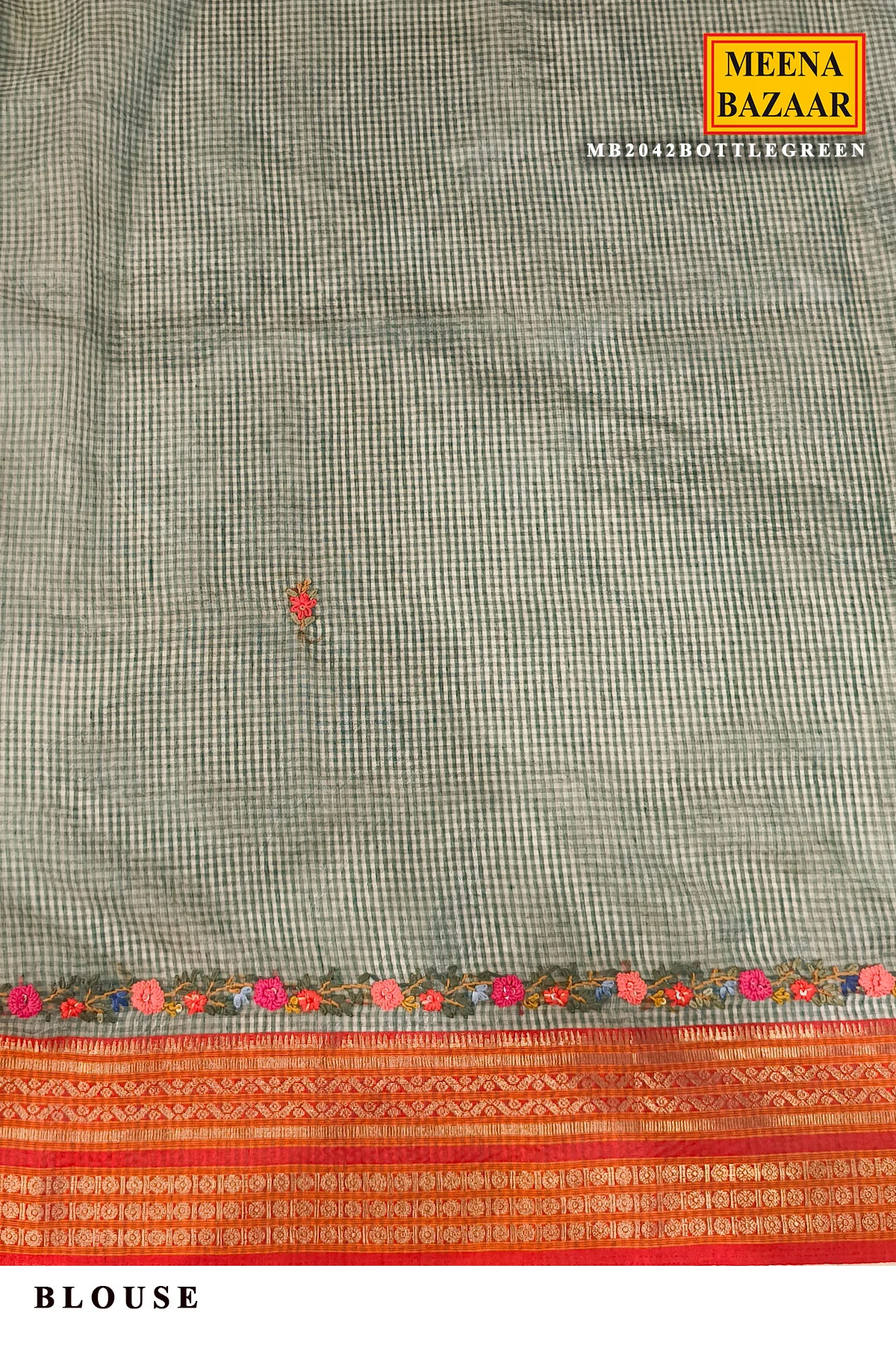 Bottle Green Saree with Floral Embroidered Border - Image 5