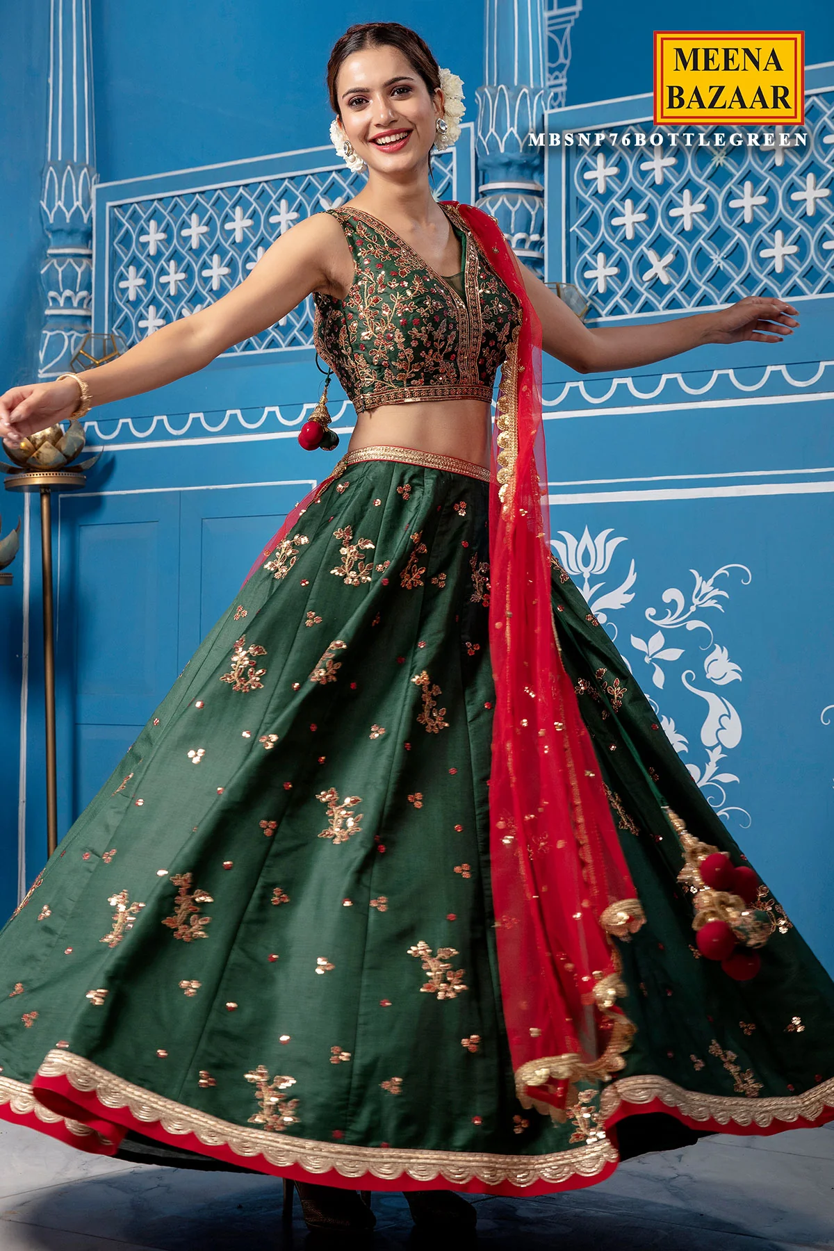 Bottle Green Silk Lehenga - Image 3