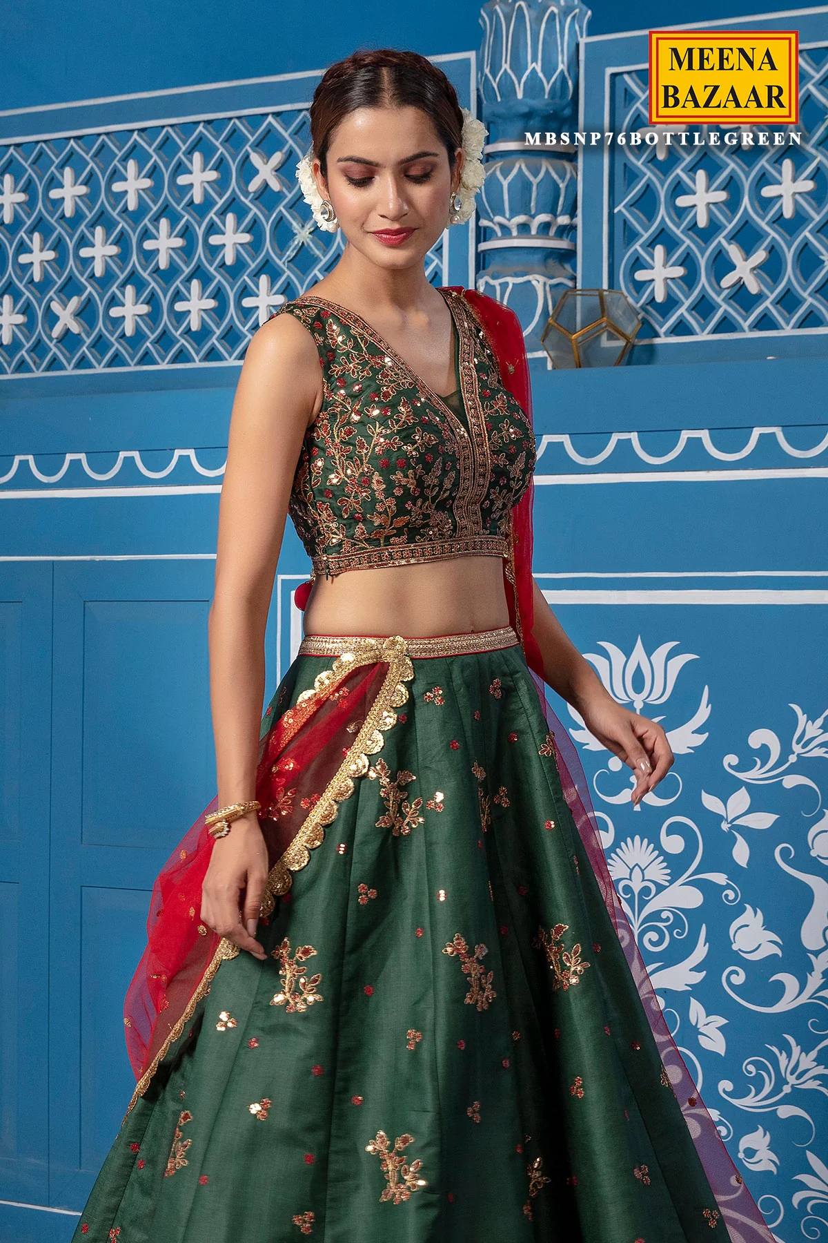Bottle Green Silk Lehenga - Image 4