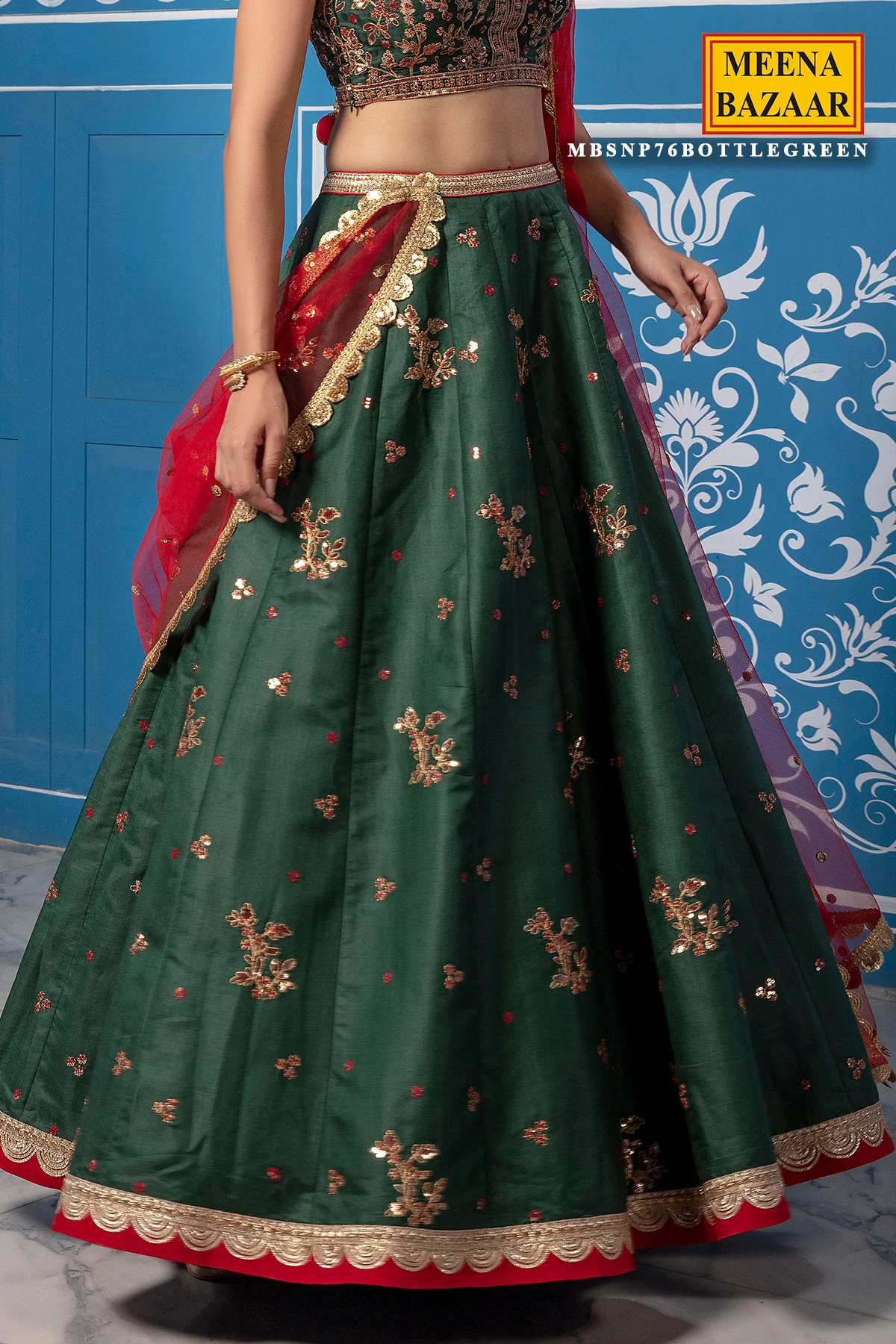 Bottle Green Silk Lehenga - Image 5