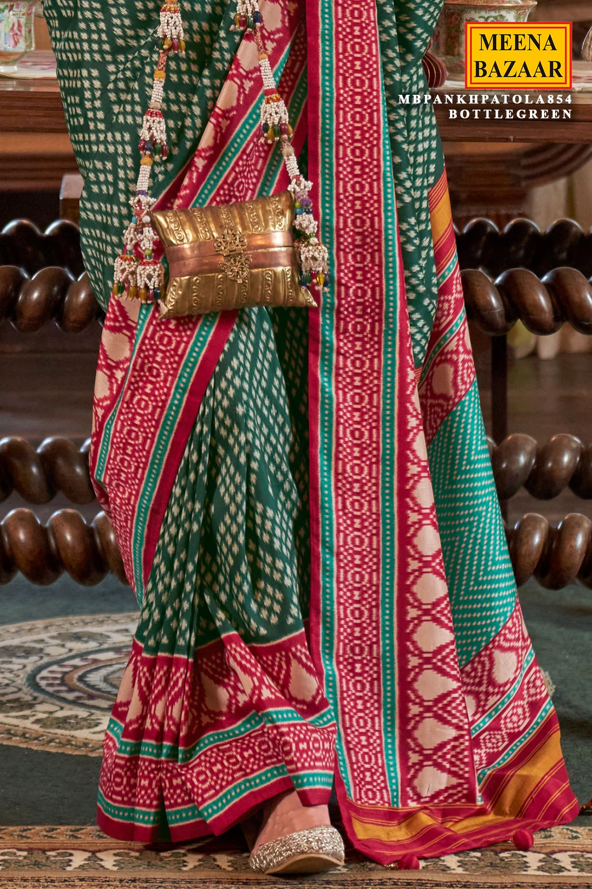 Bottle Green Silk Saree with Red Border – PankhPatola Printed Designer Saree - Image 3