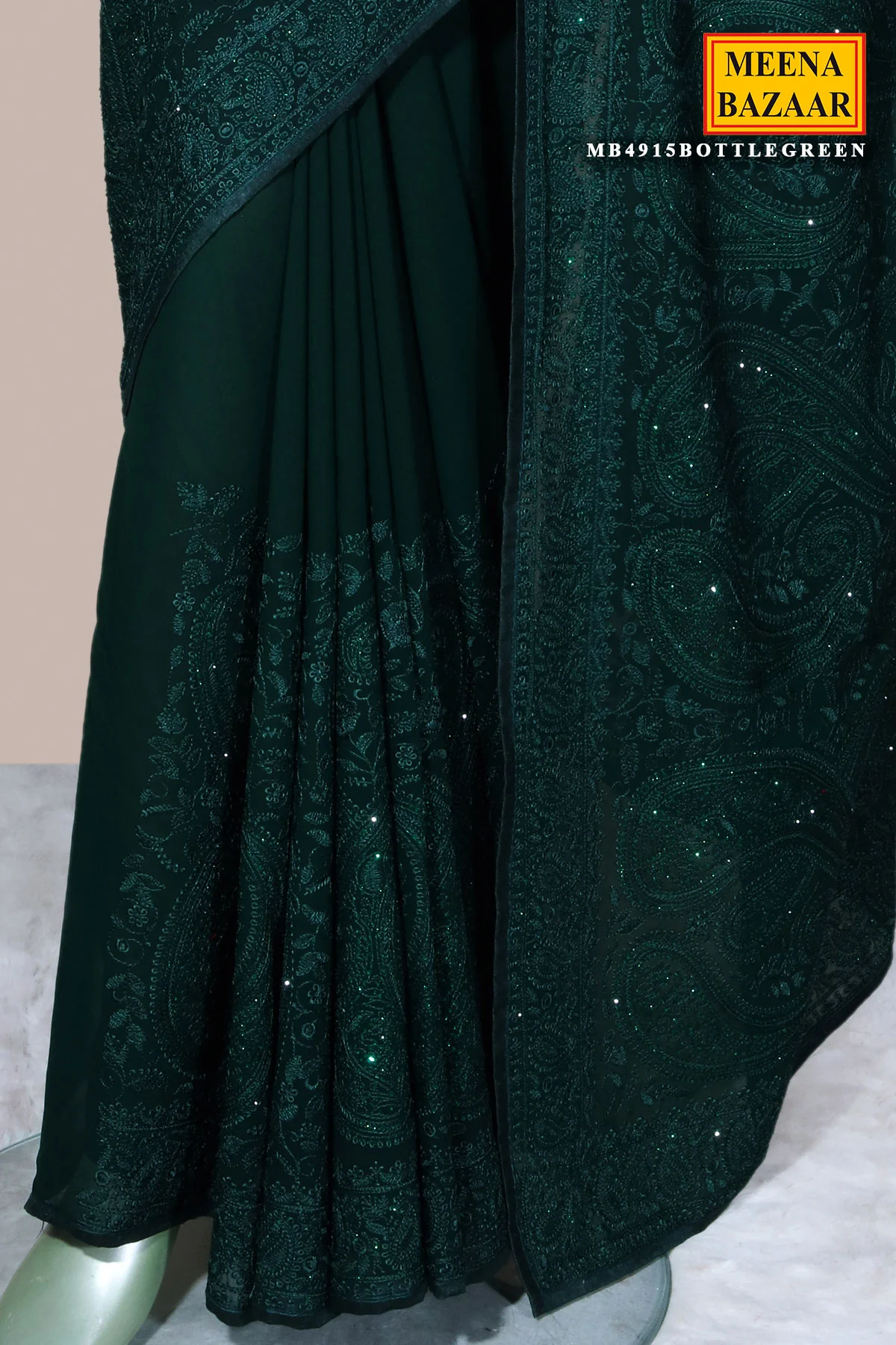 Bottle Green Embroidered Georgette Saree Elegant Party & Festive Wear - Image 4