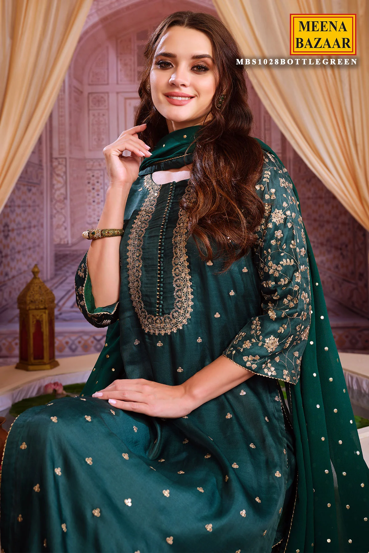 Bottle Green Maslin Zari Sequins Embroidered Unstitched Suit - Image 2