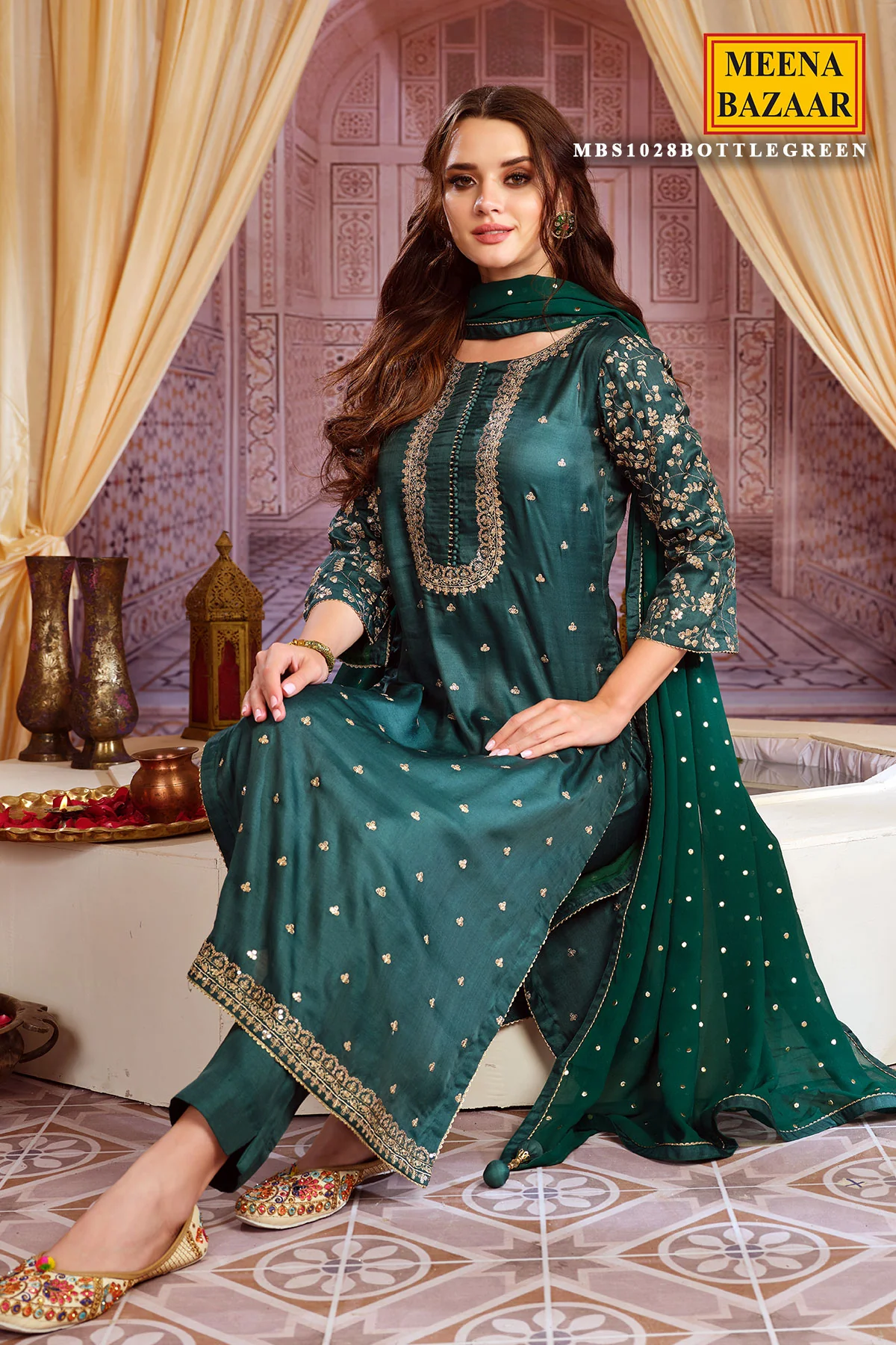 Bottle Green Maslin Zari Sequins Embroidered Unstitched Suit - Image 3