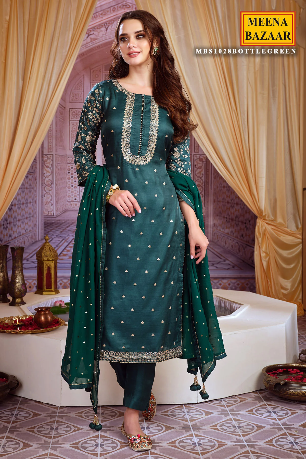 Bottle Green Maslin Zari Sequins Embroidered Unstitched Suit - Image 4