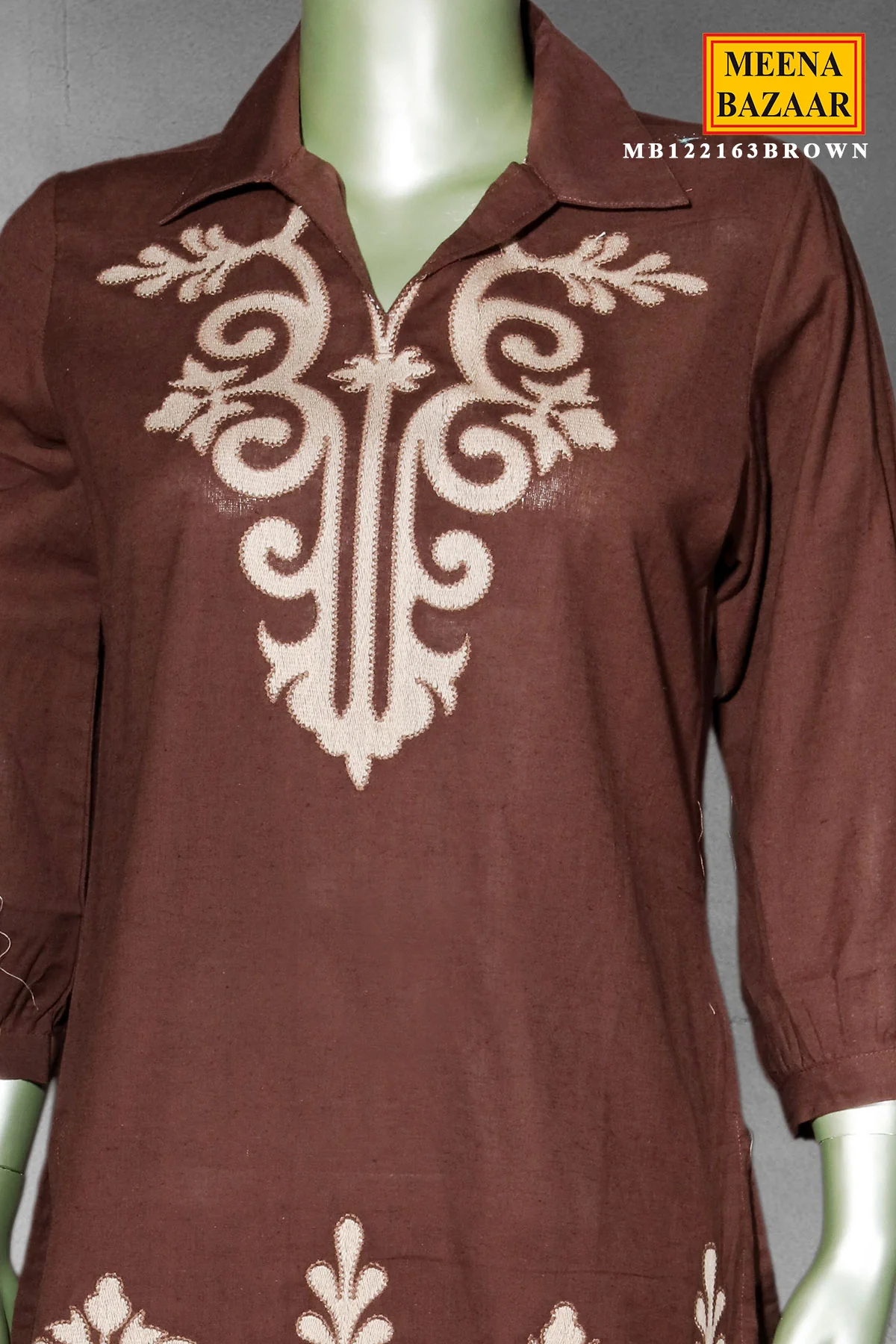 Brown Cotton Embroidered Kurti Set - Image 3