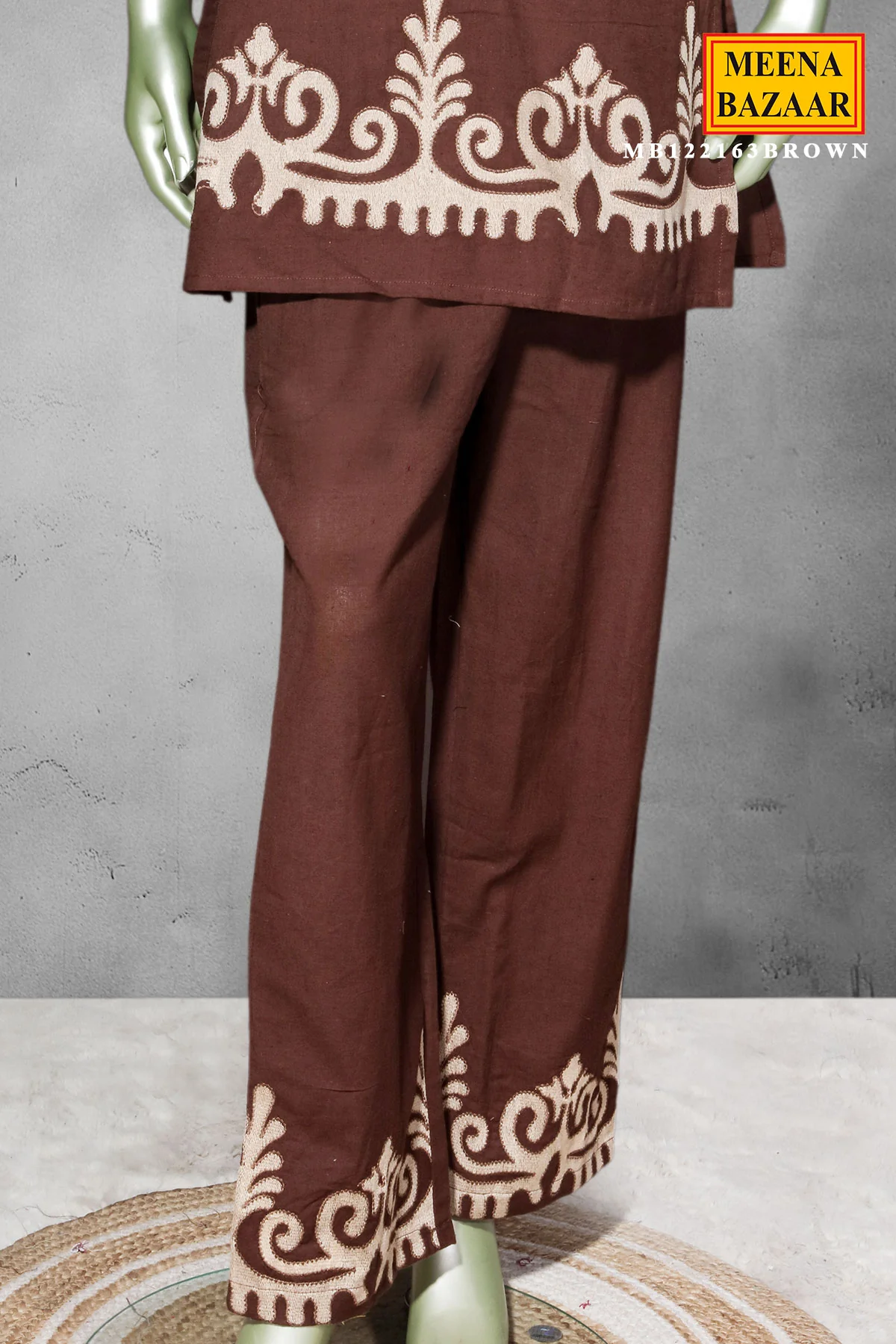 Brown Cotton Embroidered Kurti Set - Image 4