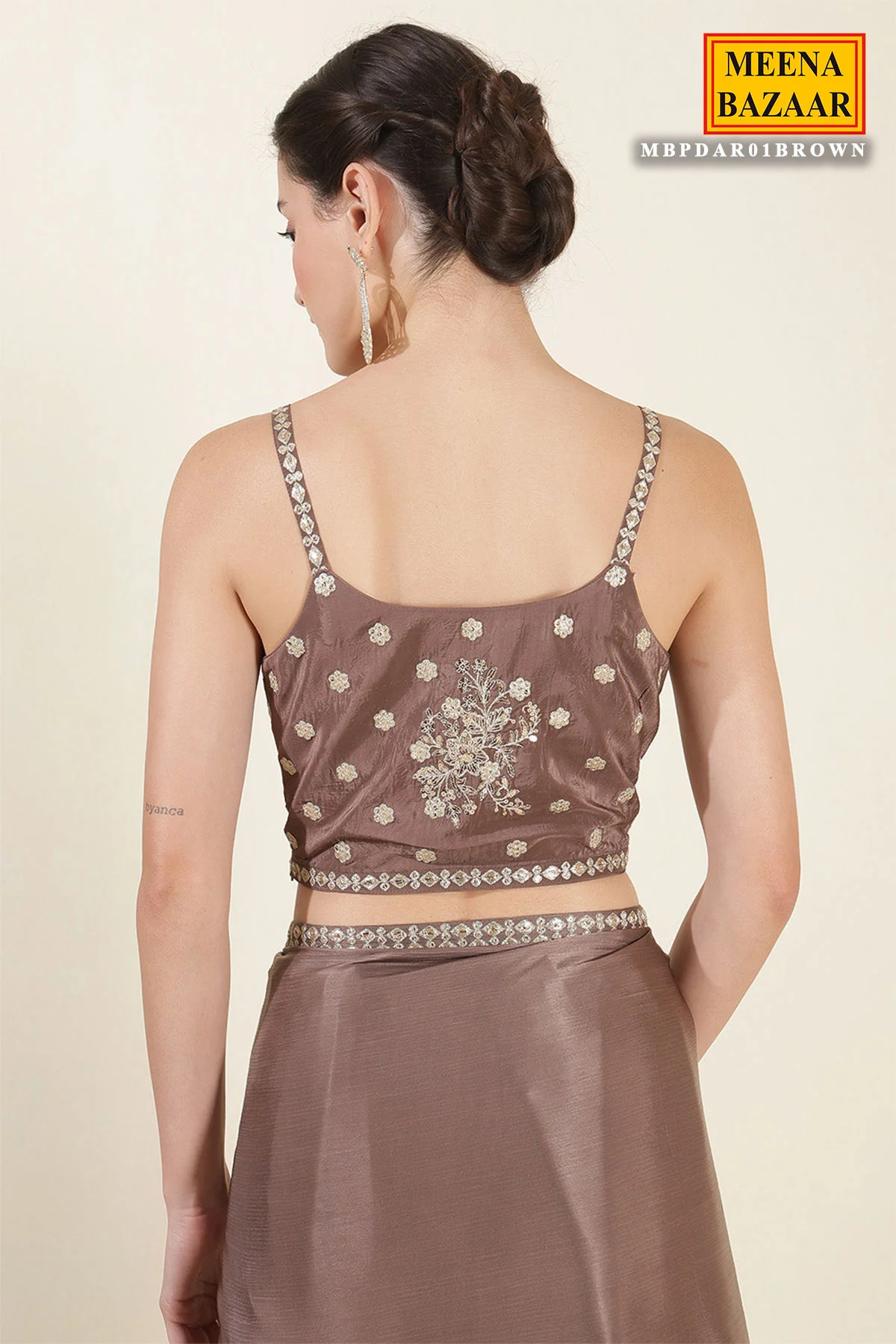 Brown Crepe Silk Saree With Readymade Embroidered Blouse - Image 4