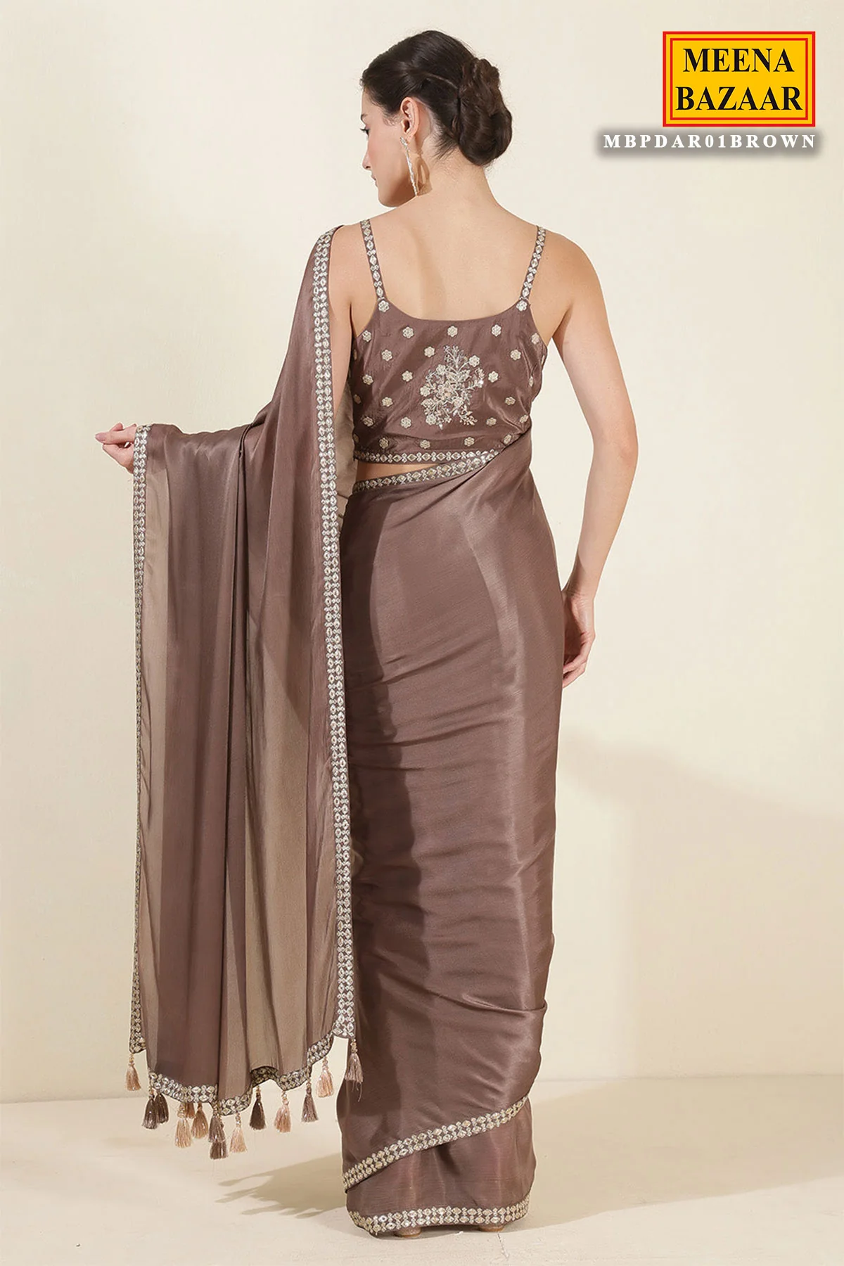 Brown Crepe Silk Saree With Readymade Embroidered Blouse - Image 5