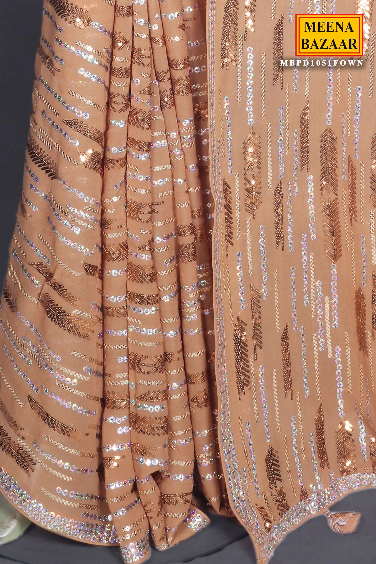 Fawn Sequins and Thread Embroidered Georgette Saree - Image 6