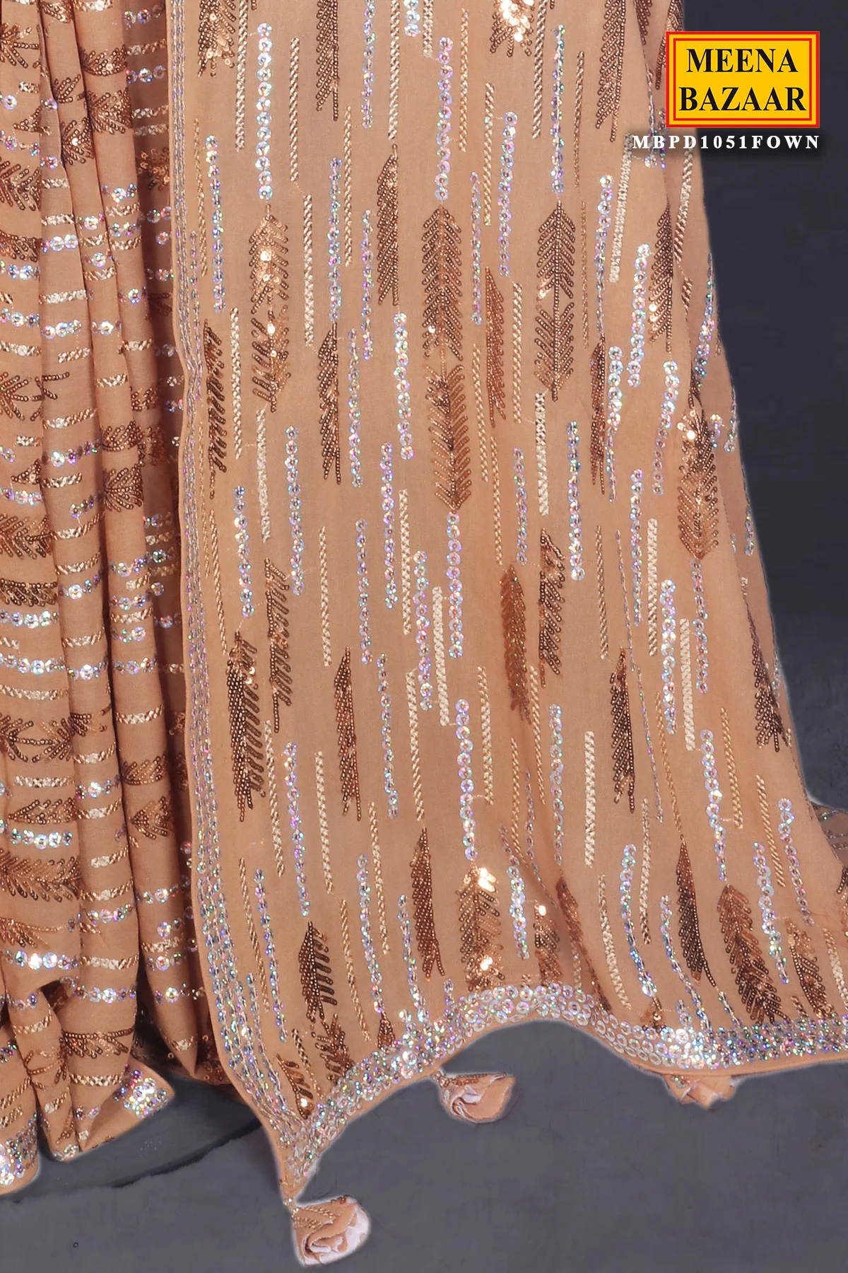 Fawn Sequins and Thread Embroidered Georgette Saree - Image 7