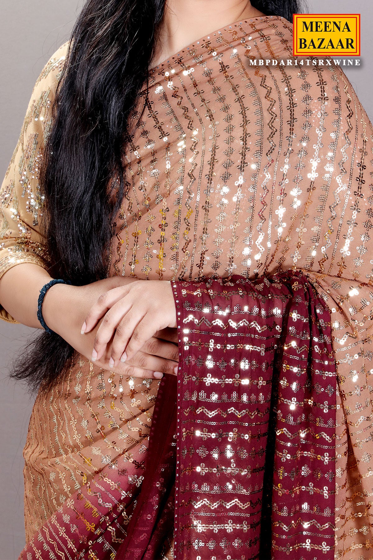 Brown & Wine Georgette Sequins Embroidered Saree with Tassels Embellishments - Image 2
