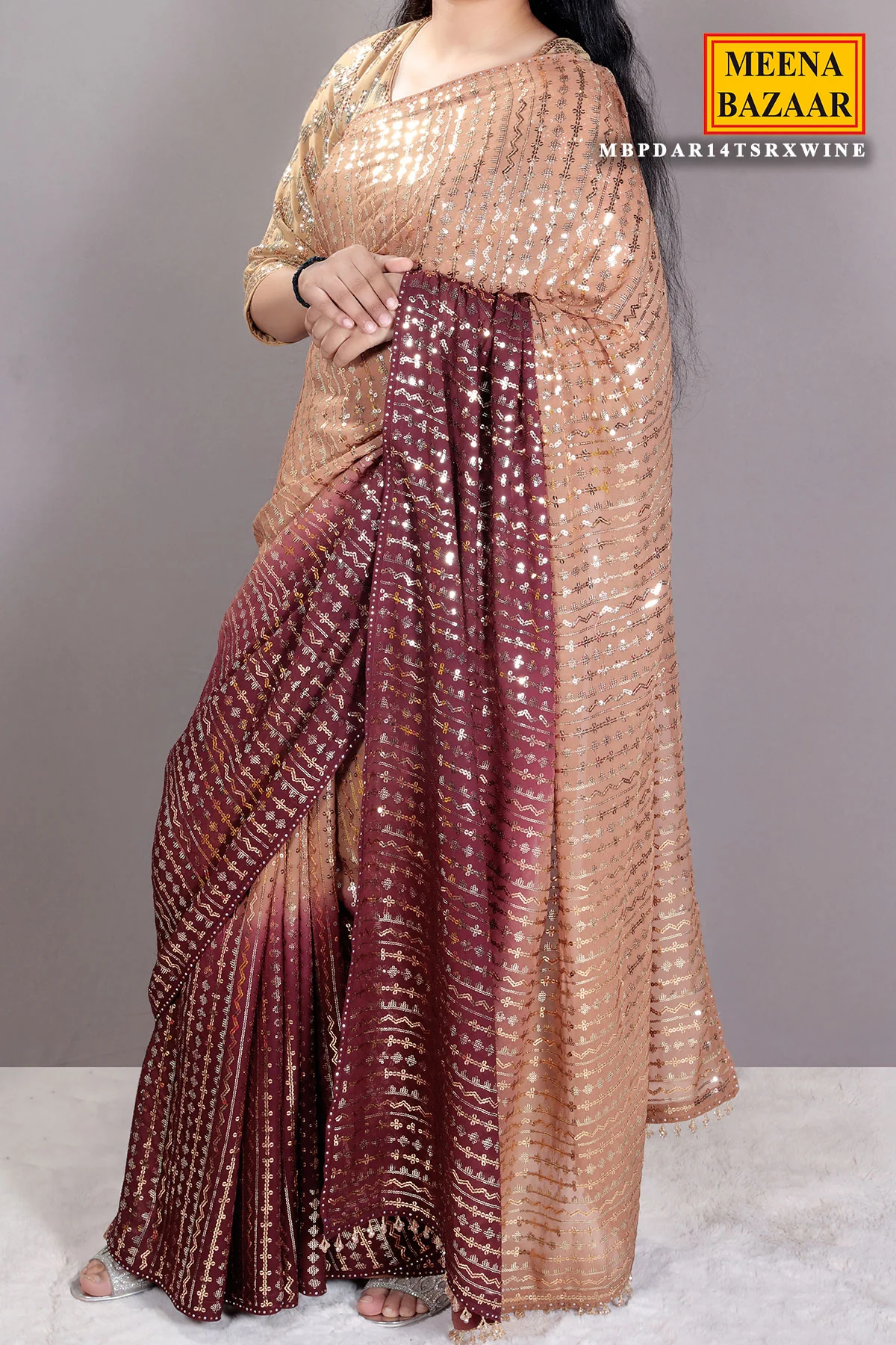 Brown & Wine Georgette Sequins Embroidered Saree with Tassels Embellishments - Image 3