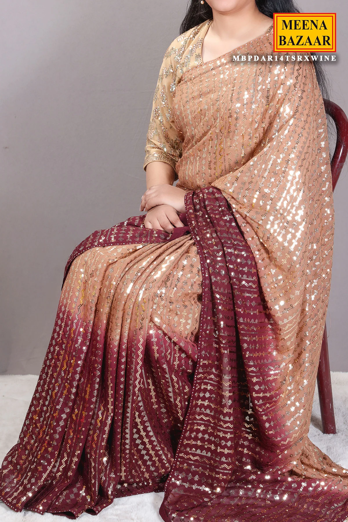 Brown & Wine Georgette Sequins Embroidered Saree with Tassels Embellishments - Image 4