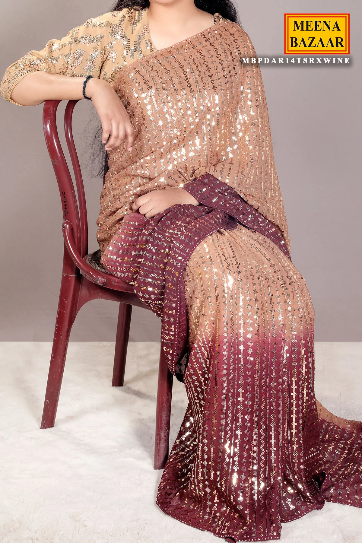 Brown & Wine Georgette Sequins Embroidered Saree with Tassels Embellishments - Image 5
