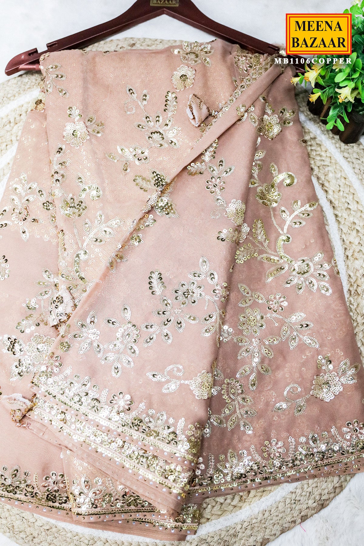 Brushed Copper Brown Floral Sequin Embroidered Georgette Saree - Image 2