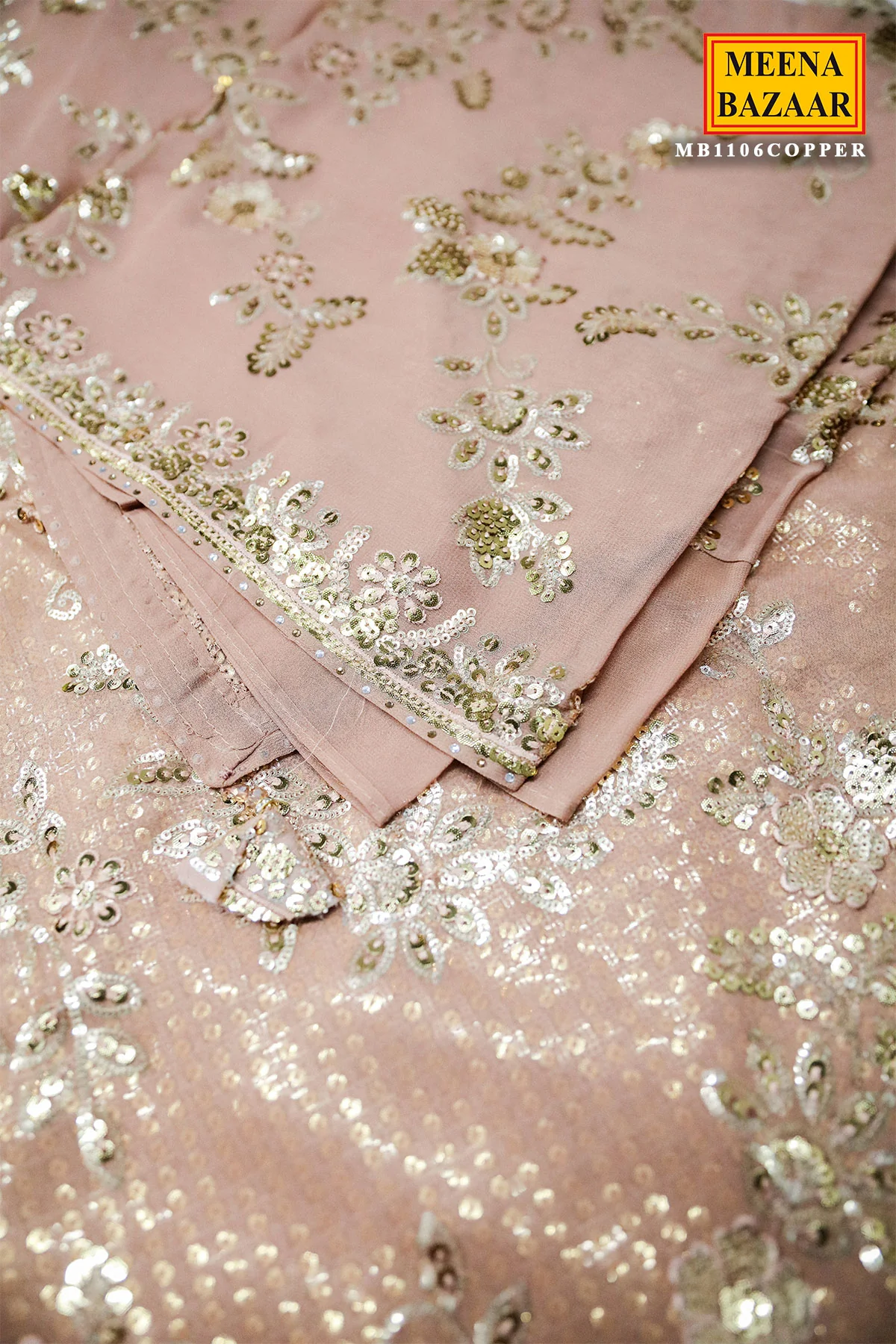 Brushed Copper Brown Floral Sequin Embroidered Georgette Saree - Image 3